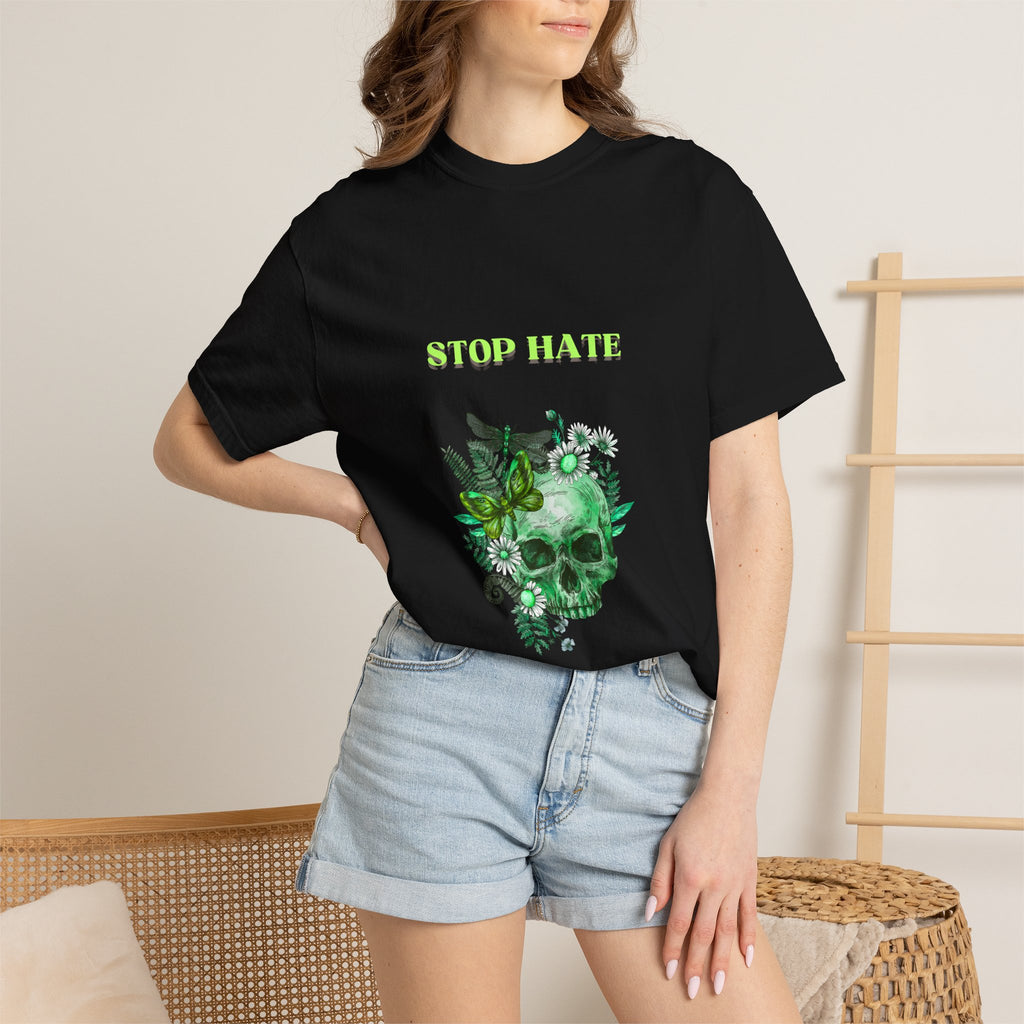 Stop Hate Skull T-Shirt — Green Floral Skull Graphic Tee