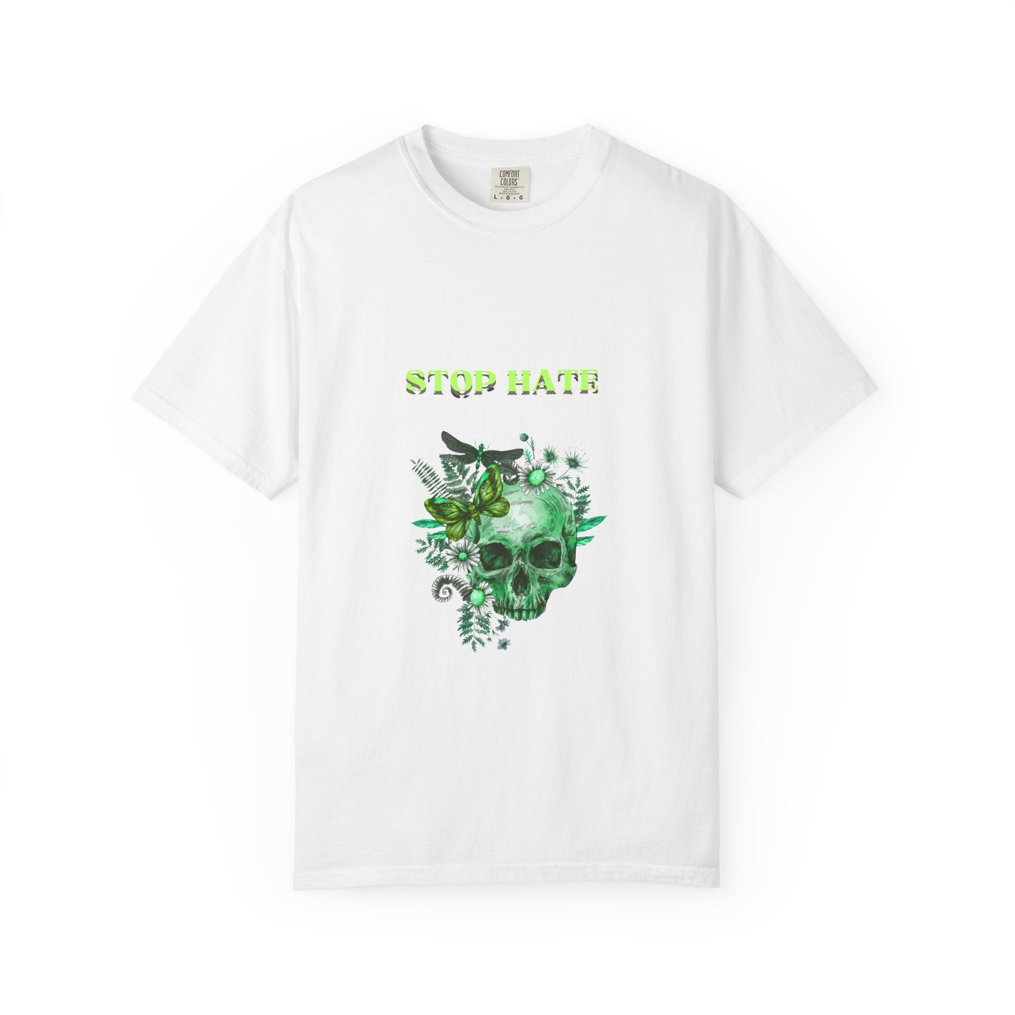 Stop Hate Skull T-Shirt — Green Floral Skull Graphic Tee
