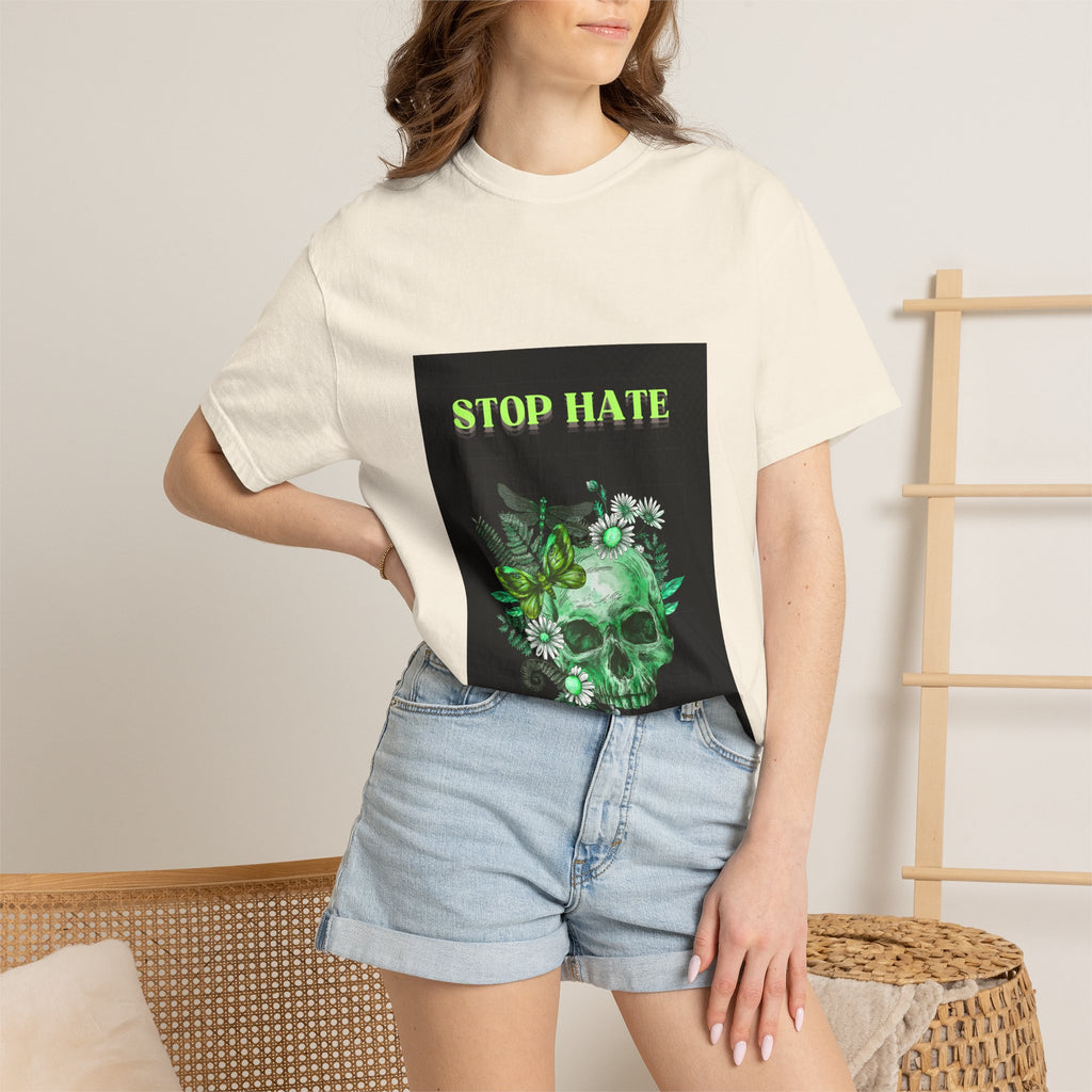 Stop Hate Skull T-Shirt — Green Floral Skull Graphic Tee