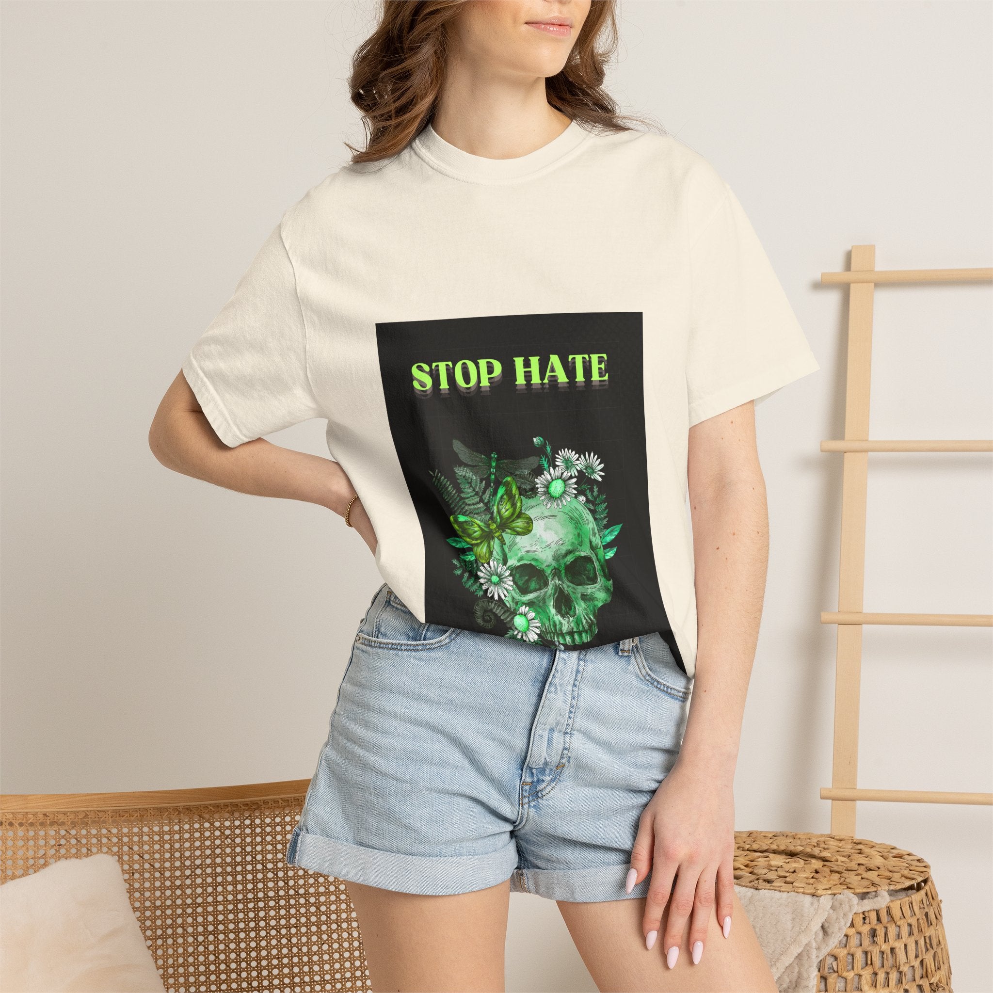 Stop Hate Skull T-Shirt — Green Floral Skull Graphic Tee