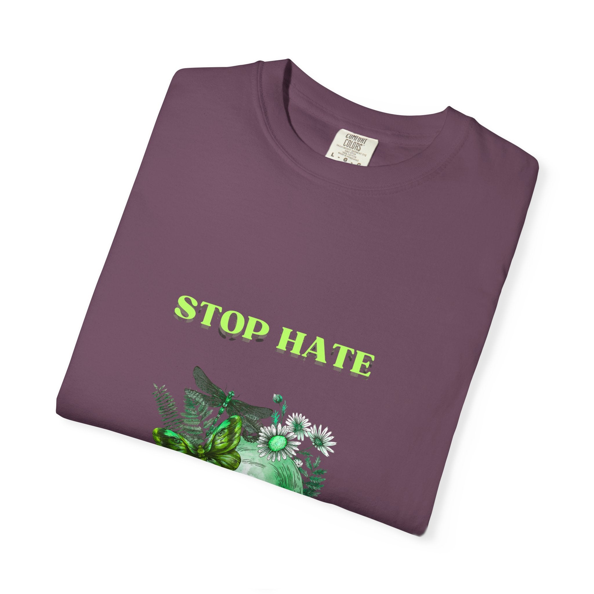 Stop Hate Skull T-Shirt — Green Floral Skull Graphic Tee