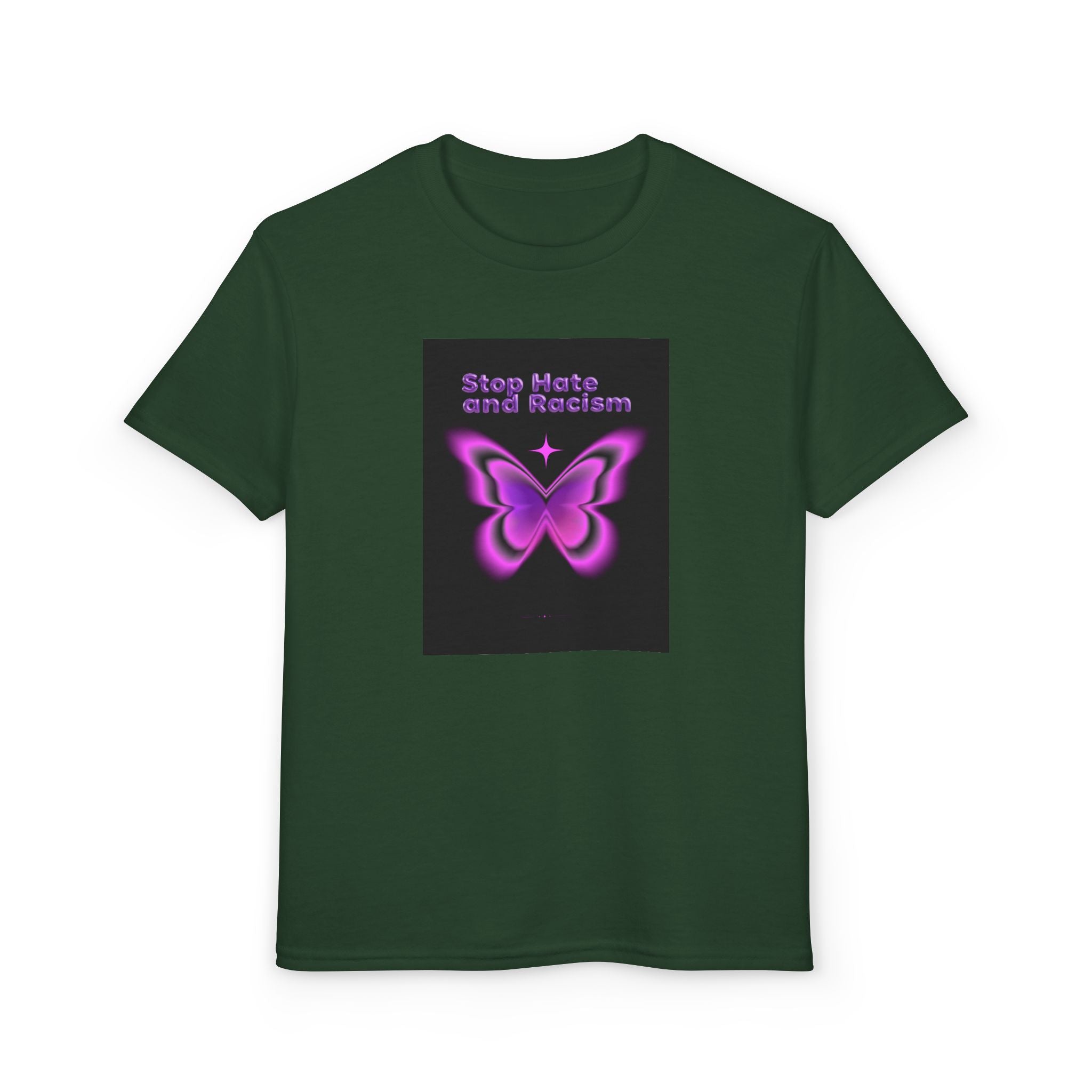 Youth T-Shirt — "Stop Hate and Racism" Pink Butterfly Anti-Racism Tee