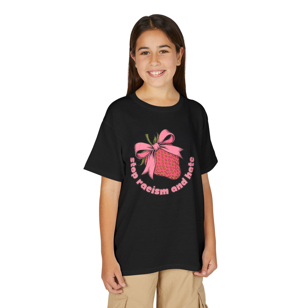 Youth T-Shirt — Cute Pink Gift Box Graphic with "Stop, Realism and Races" Slogan