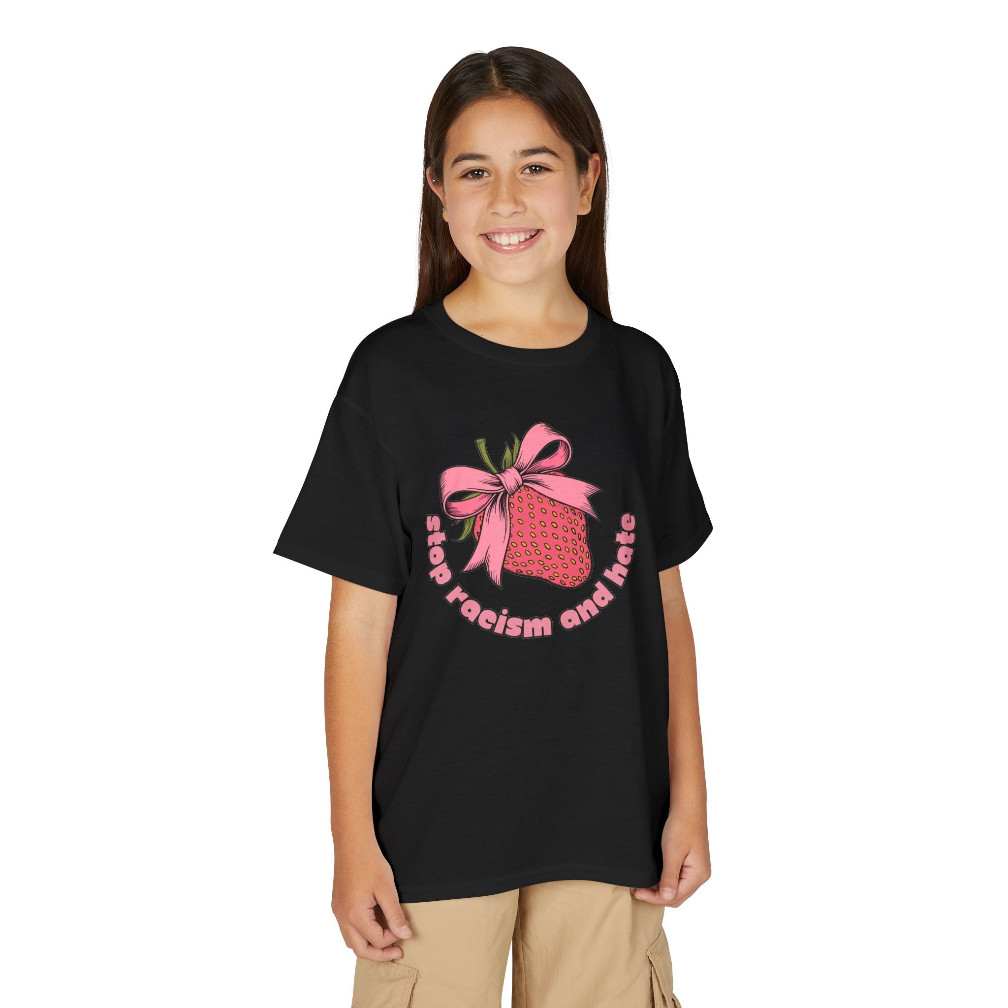 Youth T-Shirt — Cute Pink Gift Box Graphic with "Stop, Realism and Races" Slogan