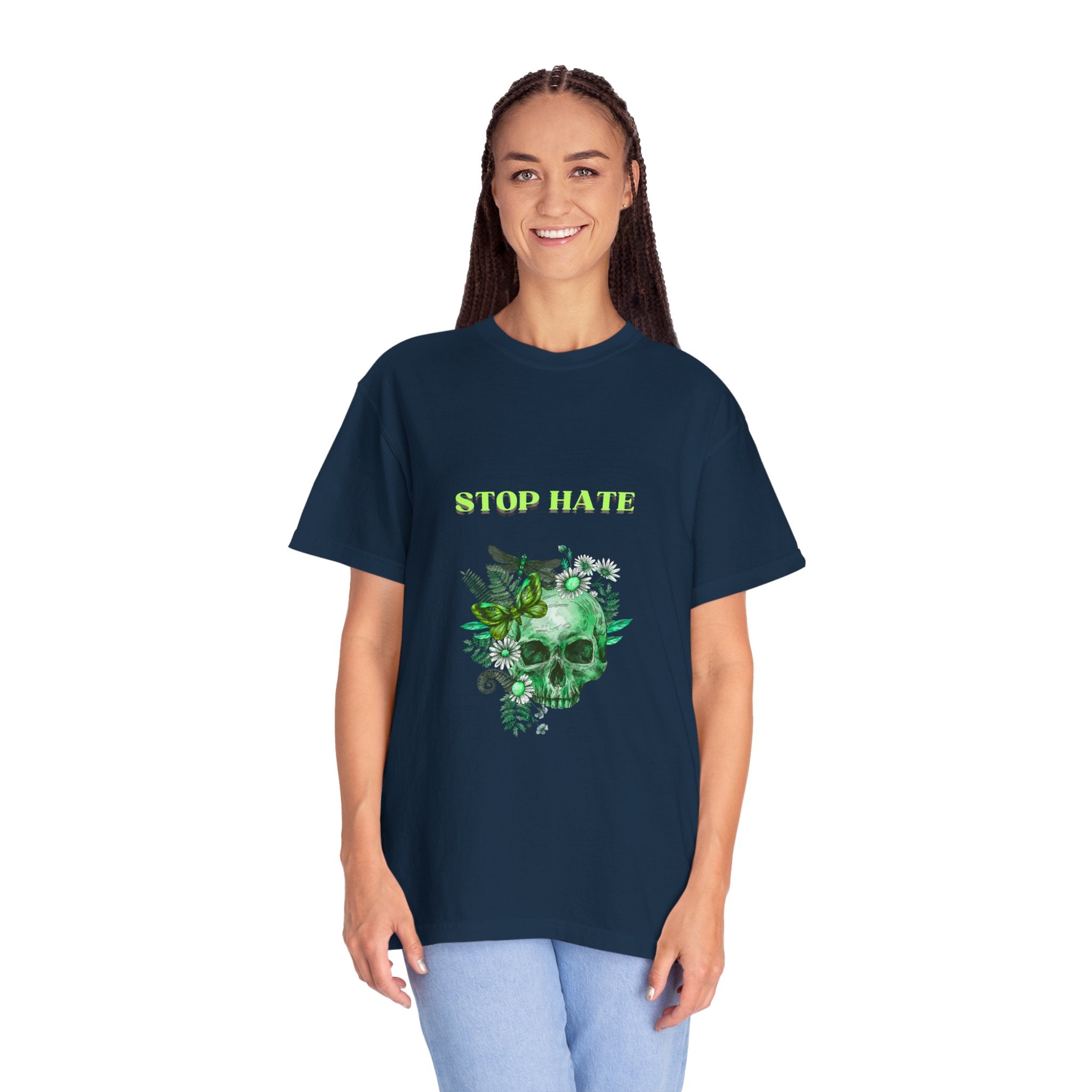 Stop Hate Skull T-Shirt — Green Floral Skull Graphic Tee