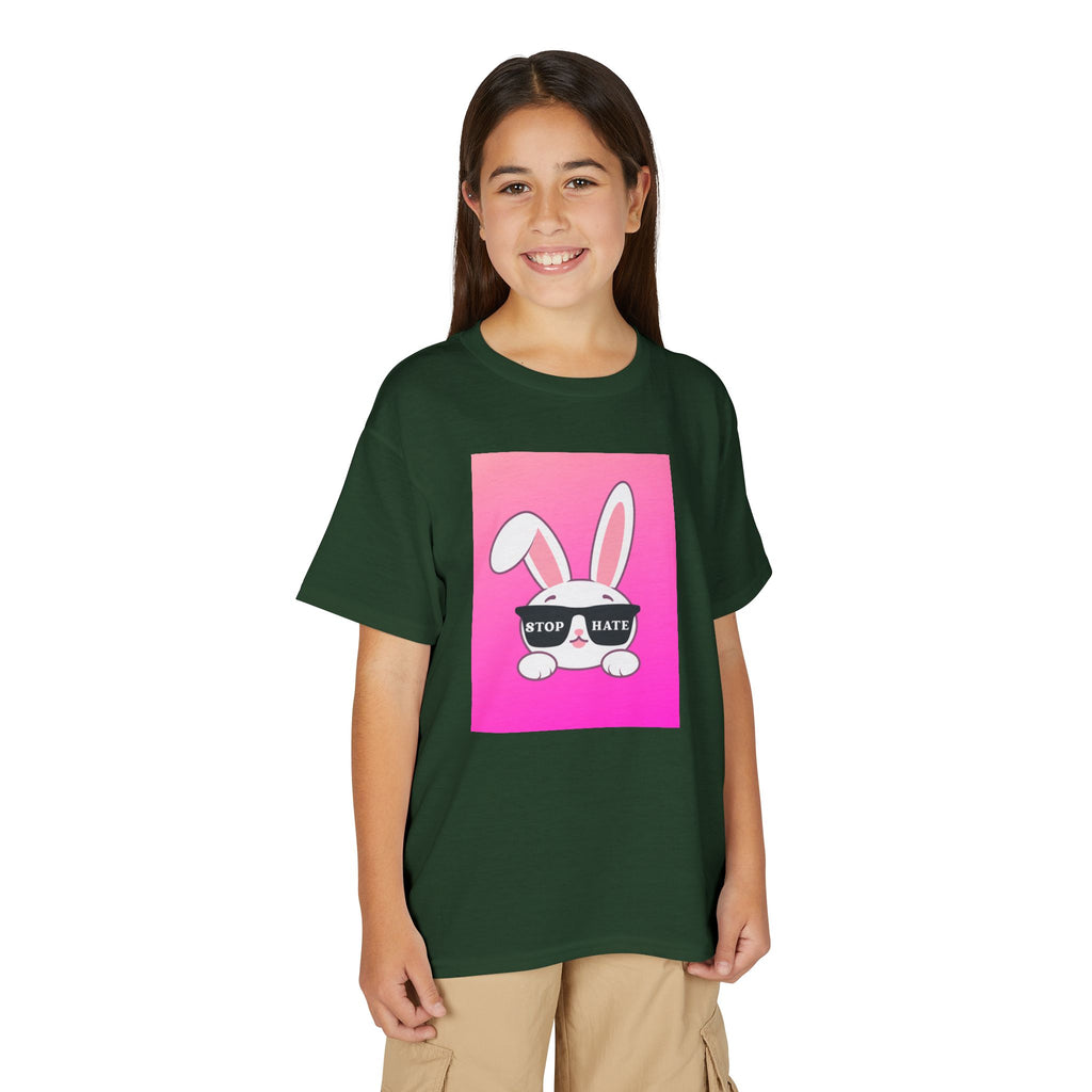 Youth T-Shirt — Pink Bunny "Stop Hate" Graphic