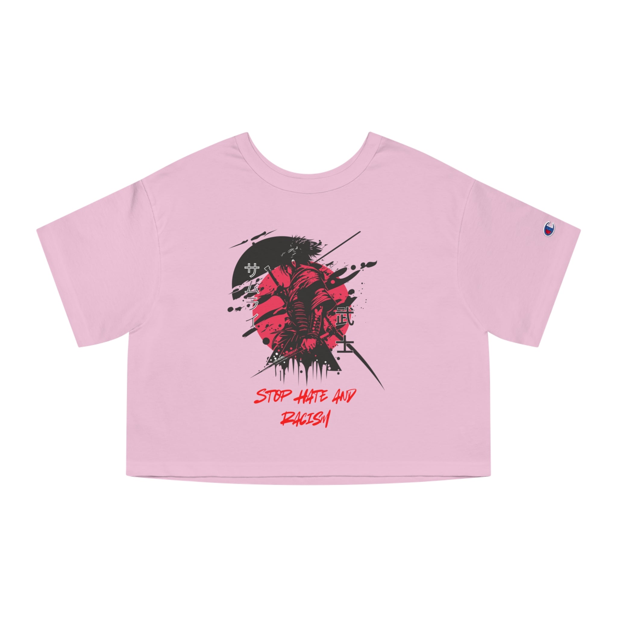 Cropped T-Shirt — "Stop Hate And Racism" Samurai Graphic