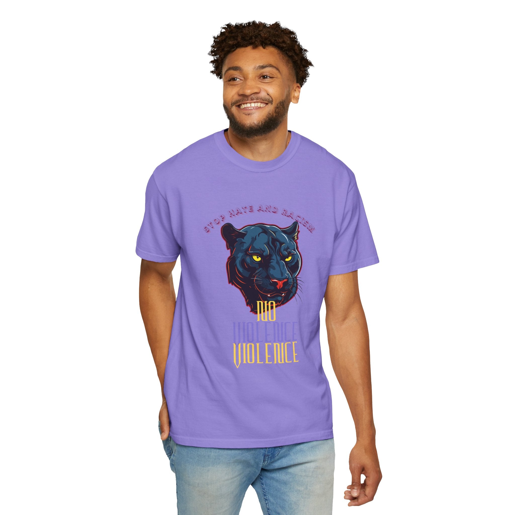No Violence Panther T-Shirt — Graphic Animal Tee with 'No Violence' Text