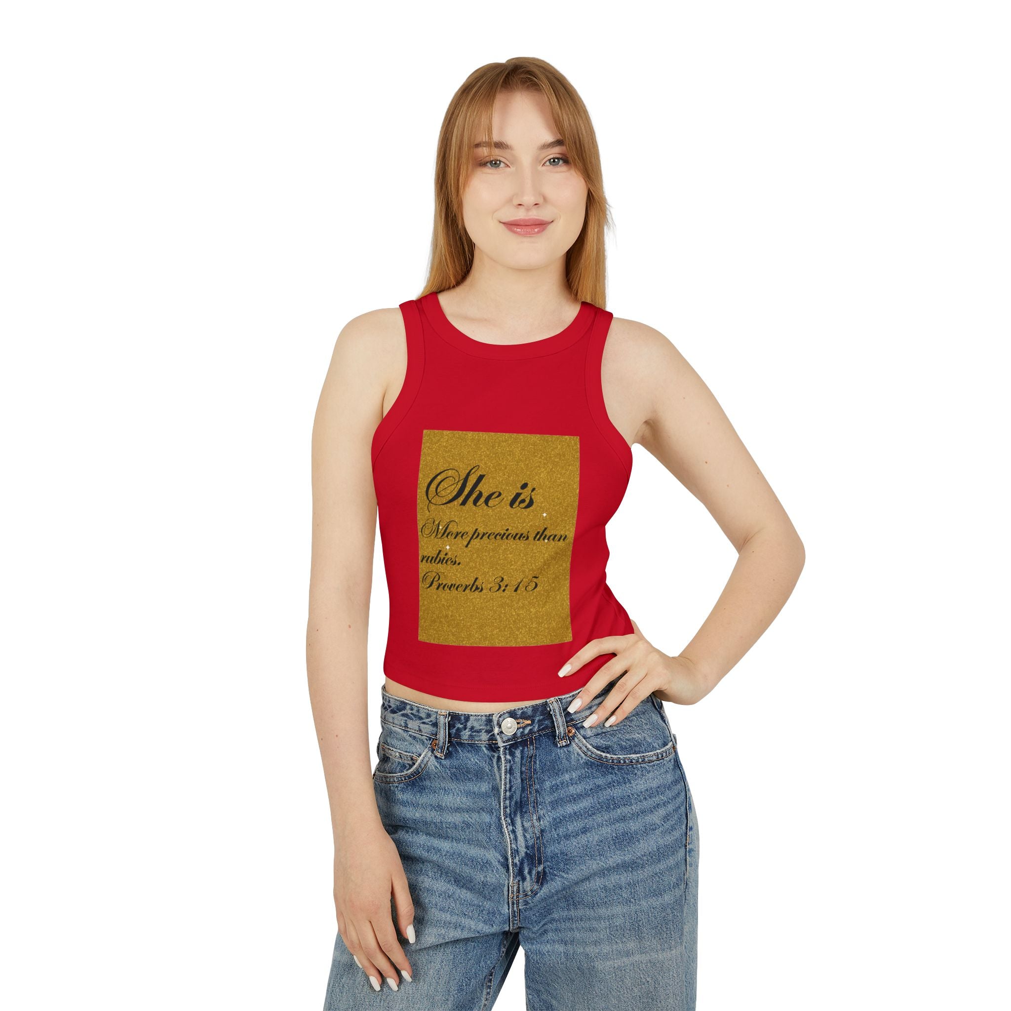 Women's Racer Tank Top — "She is More Precious than Rubies" Proverbs 3:15 Scripture Tank