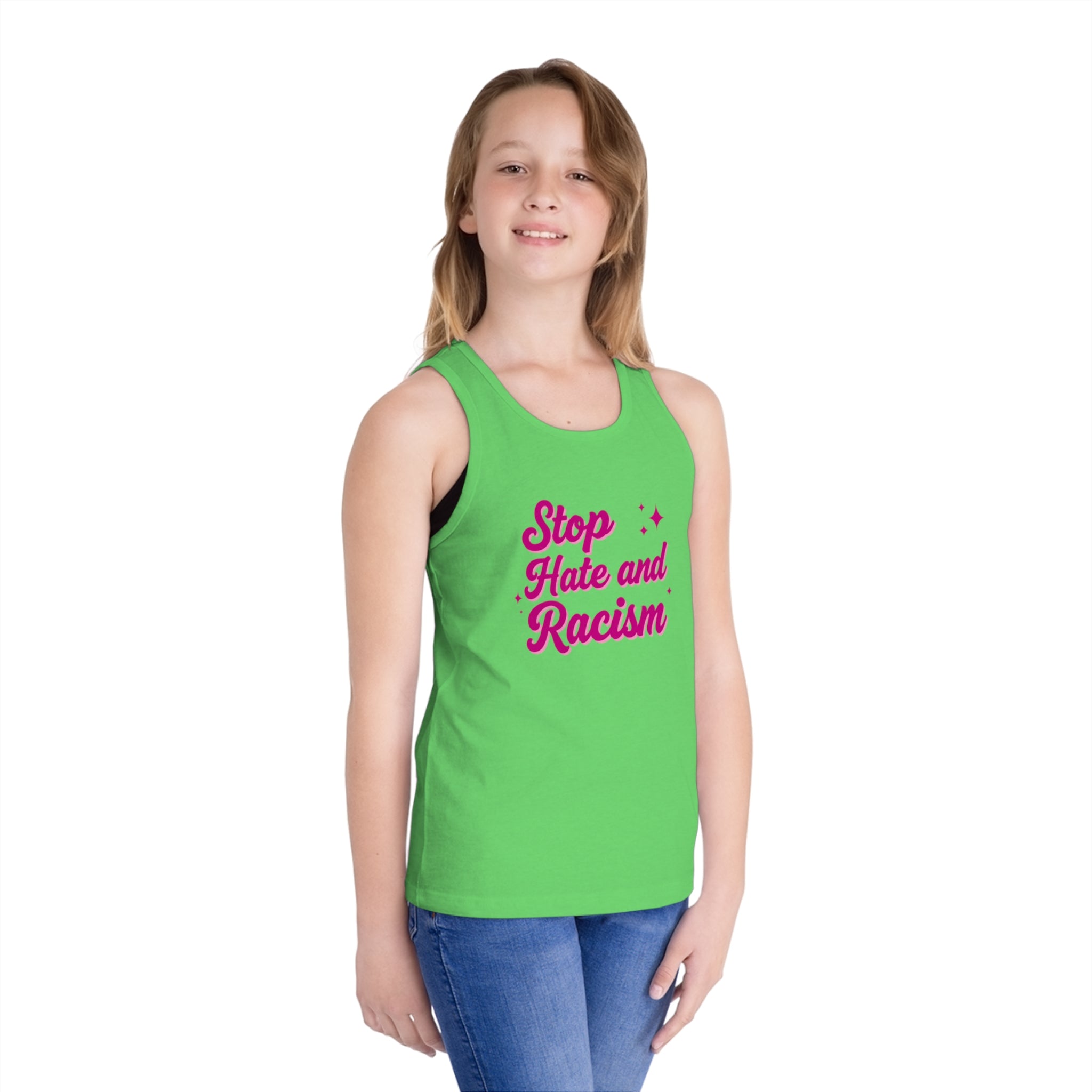 Kids Tank Top — "Stop Hate and Racism" Pink Script Kids Jersey Tank