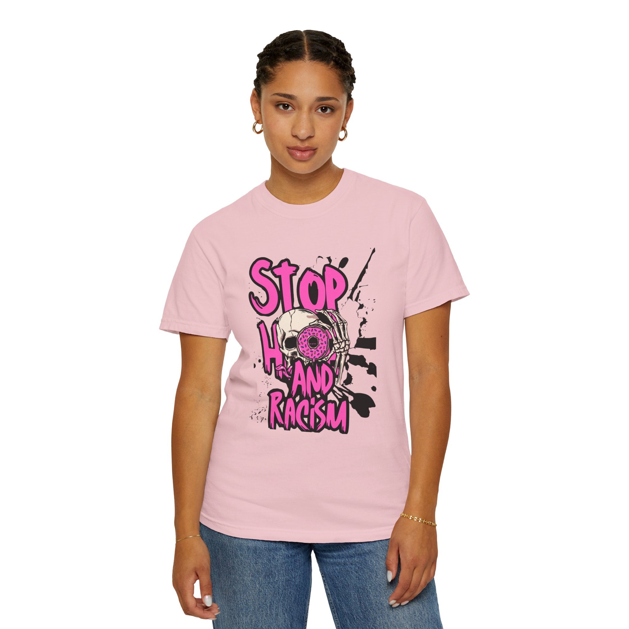 Stop H8 and Racism Graphic Tee — Anti-Racism Skull Donut Protest T-Shirt
