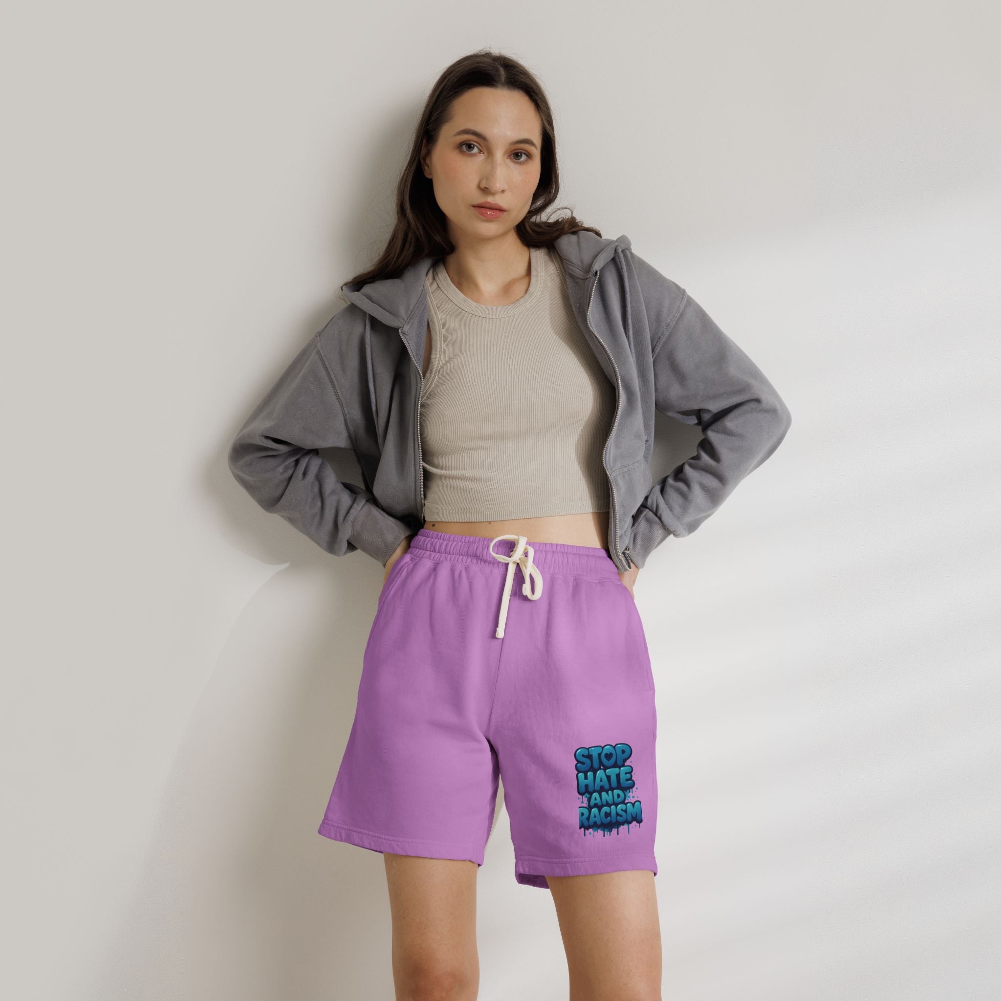 Stop Hate and Racism Fleece Sweat Shorts — Garment-Dyed Lightweight Lounge Shorts