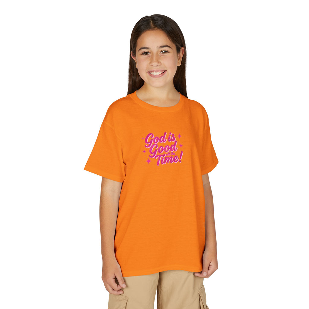 Youth T-Shirt — "God Is Good Time!" Pink Script Faith Tee