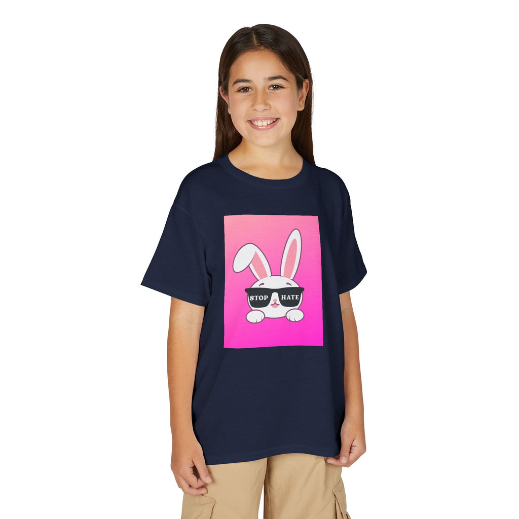 Youth T-Shirt — Pink Bunny "Stop Hate" Graphic