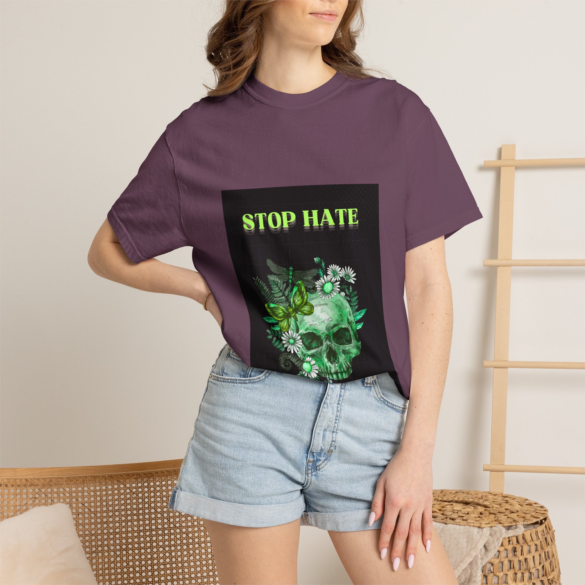 Stop Hate Skull T-Shirt — Green Floral Skull Graphic Tee
