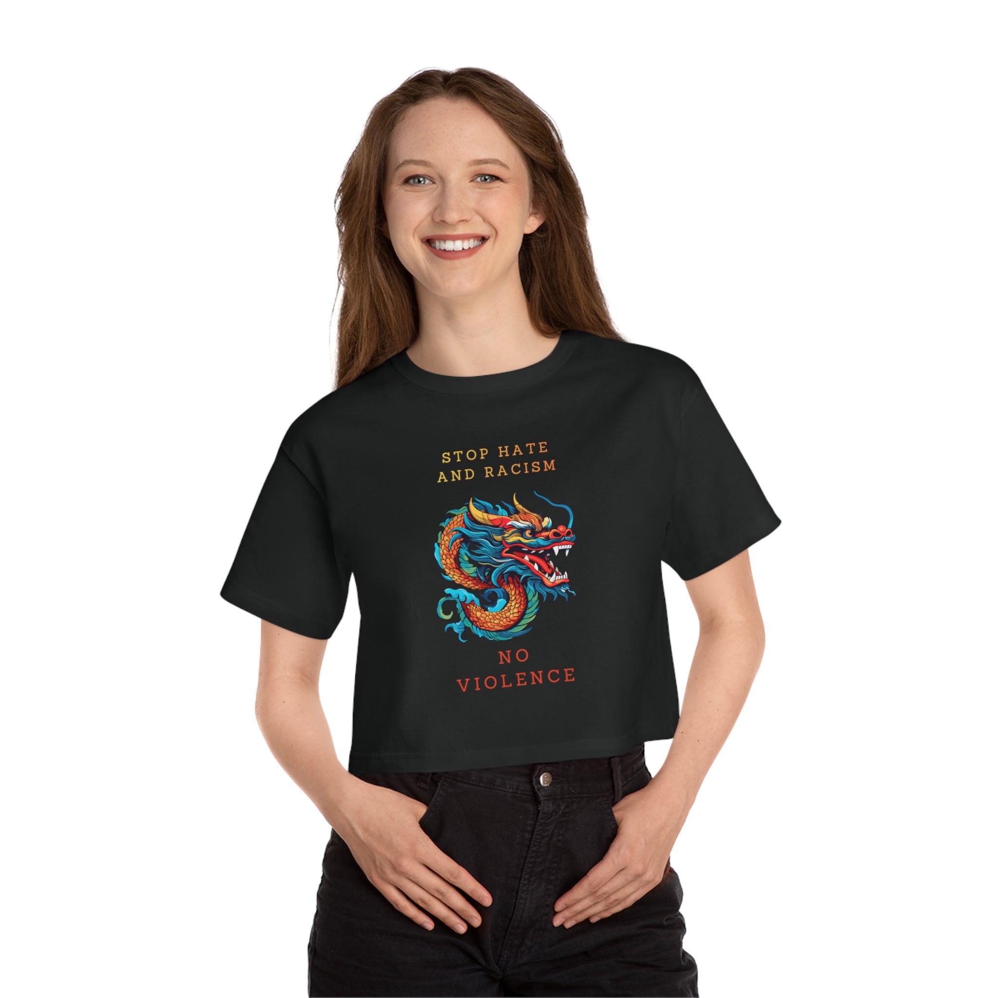 Stop Hate and Racism Dragon Crop Tee — "No Violence" Women's Cropped T-Shirt