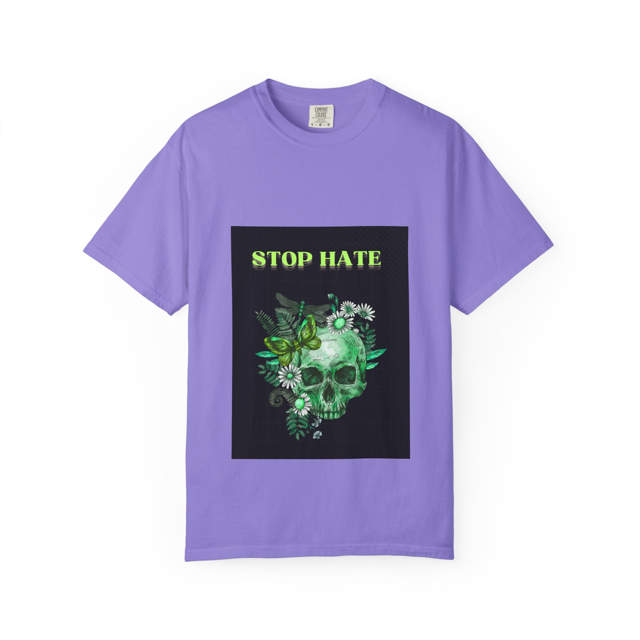 Stop Hate Skull T-Shirt — Green Floral Skull Graphic Tee