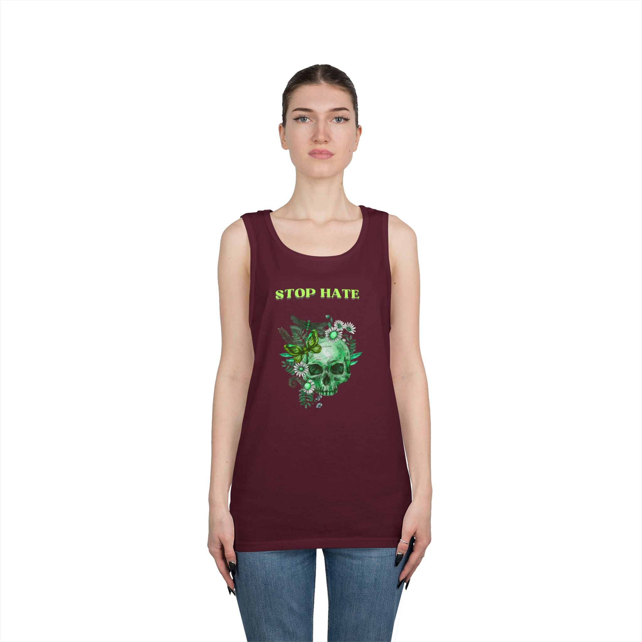 Stop Hate Skull Tank — Green Floral Skull Tank Top