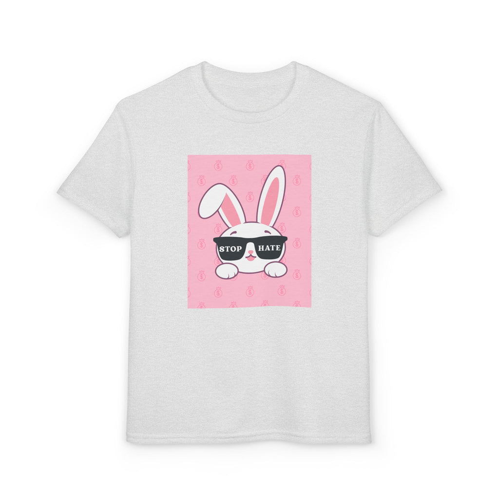 Youth T-Shirt — Pink Bunny Wearing "Stop Hate" Sunglasses Kids Tee