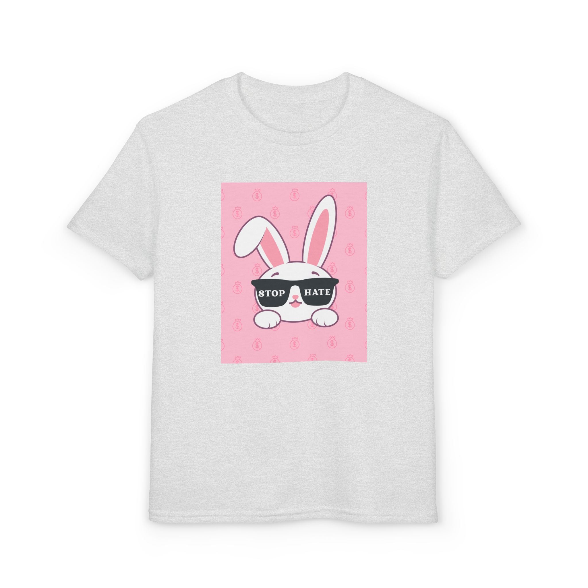 Youth T-Shirt — Pink Bunny Wearing "Stop Hate" Sunglasses Kids Tee