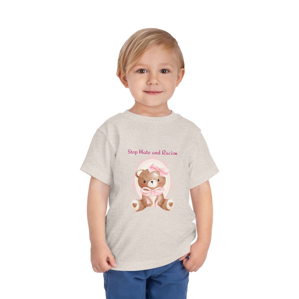 Toddler Tee – Pink Teddy "Stop Hate and Racism" Anti-Racism Kids Shirt