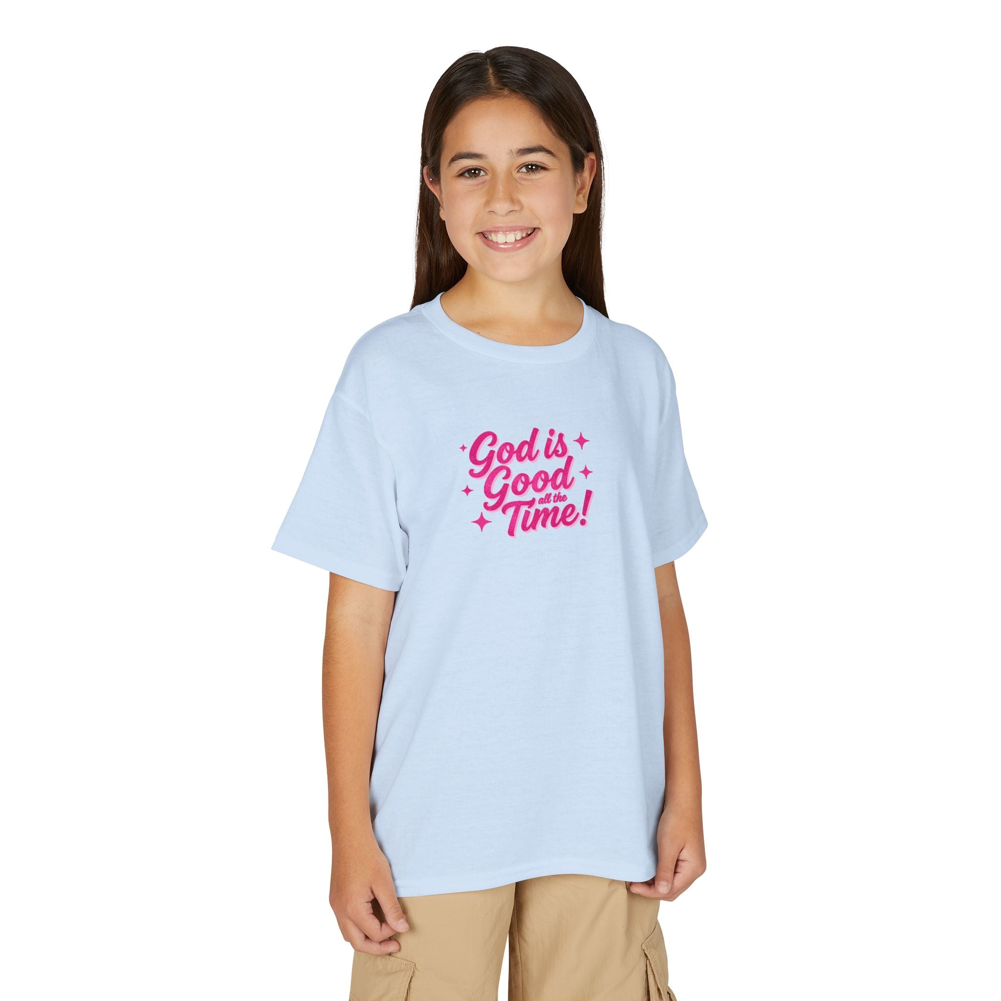 Youth T-Shirt — "God Is Good Time!" Pink Script Faith Tee