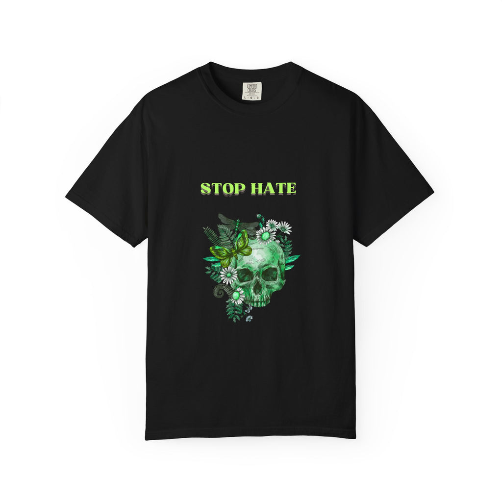 Stop Hate Skull T-Shirt — Green Floral Skull Graphic Tee