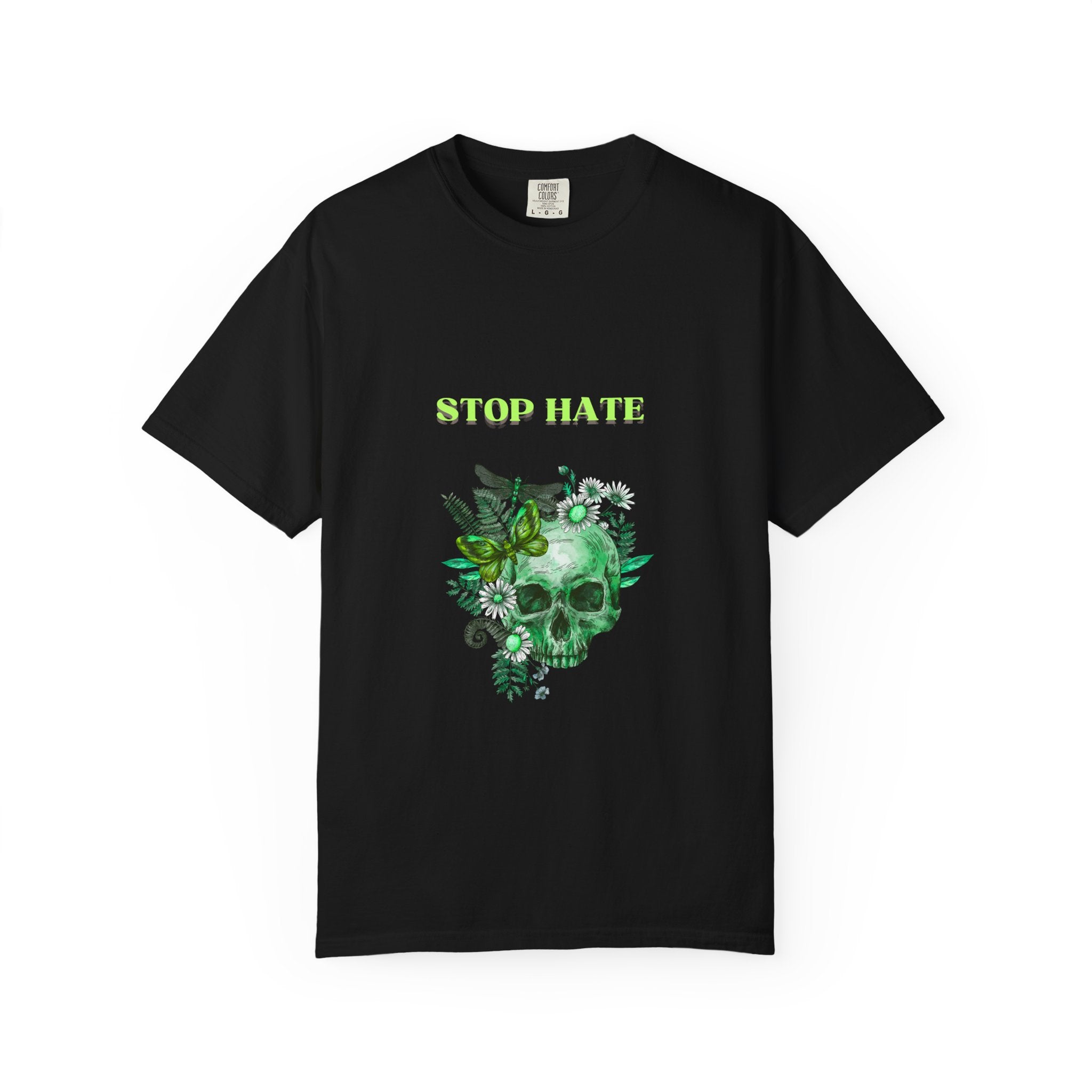 Stop Hate Skull T-Shirt — Green Floral Skull Graphic Tee