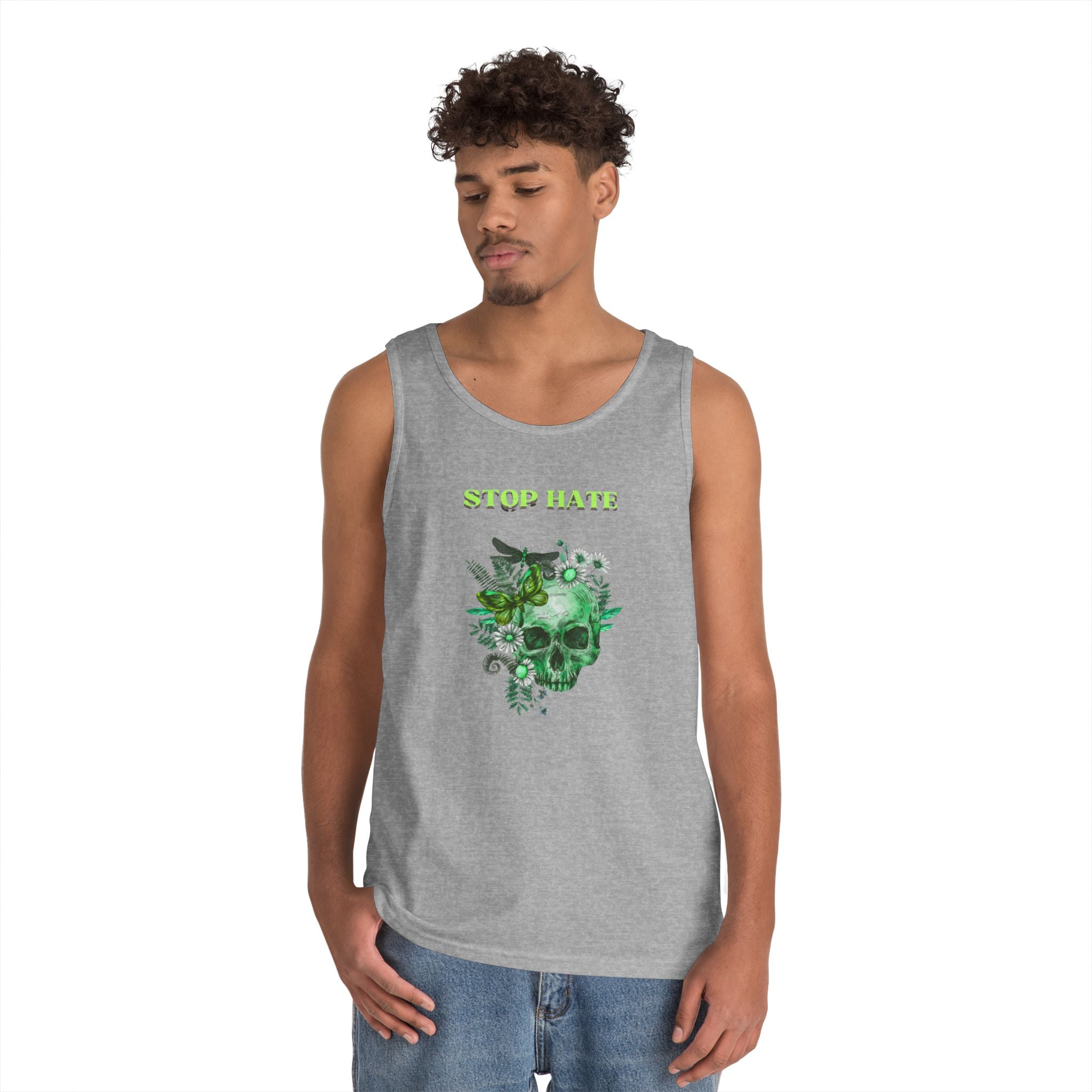 Stop Hate Skull Tank — Green Floral Skull Tank Top