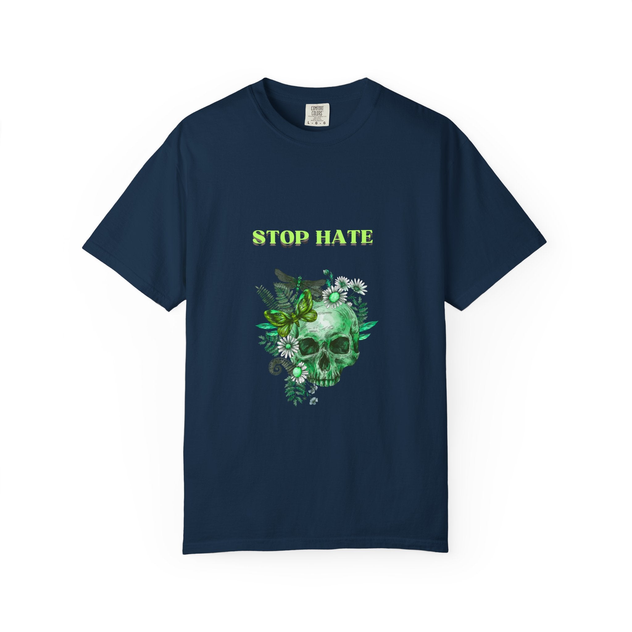 Stop Hate Skull T-Shirt — Green Floral Skull Graphic Tee