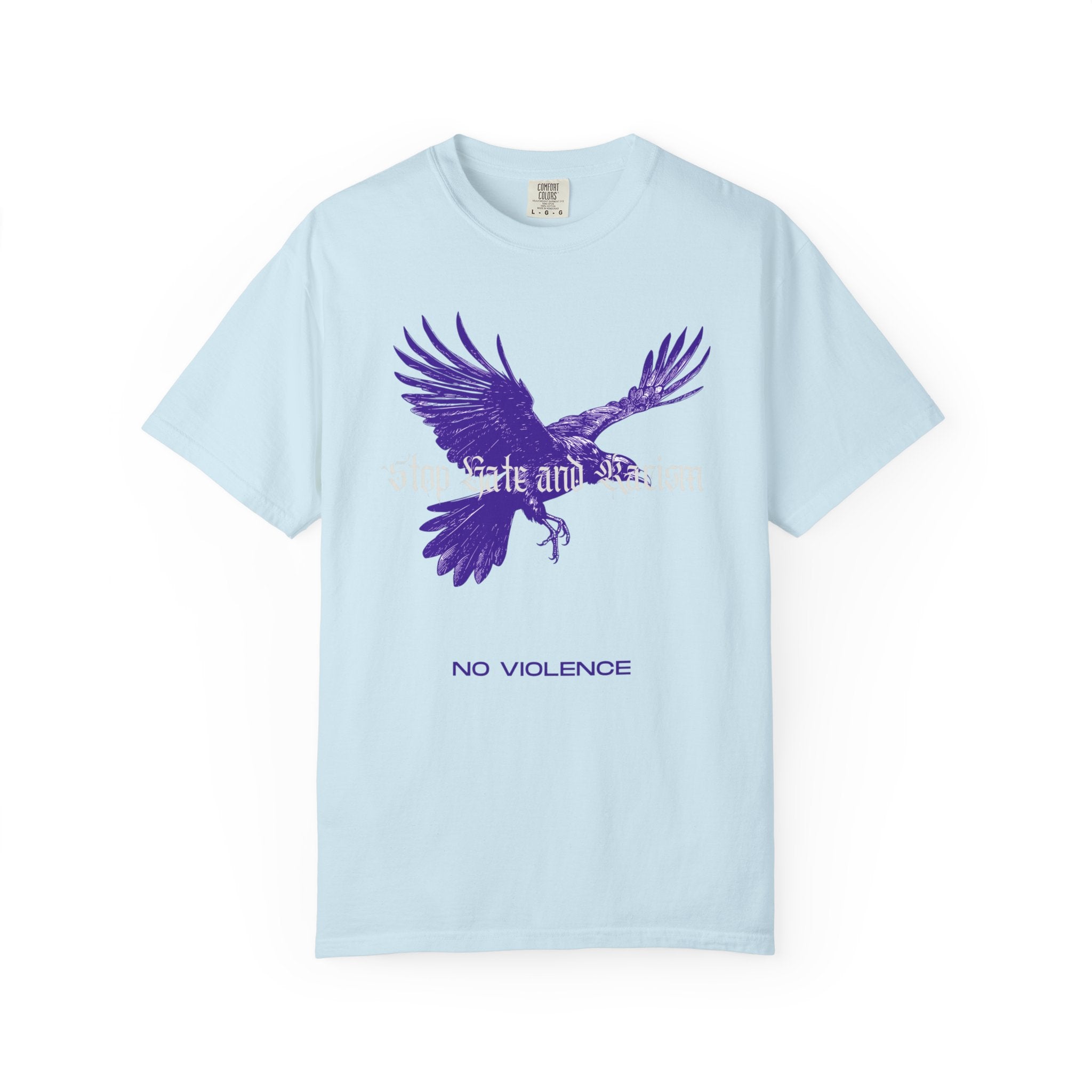 No Violence Raven T-Shirt — Purple Flying Crow Graphic Tee