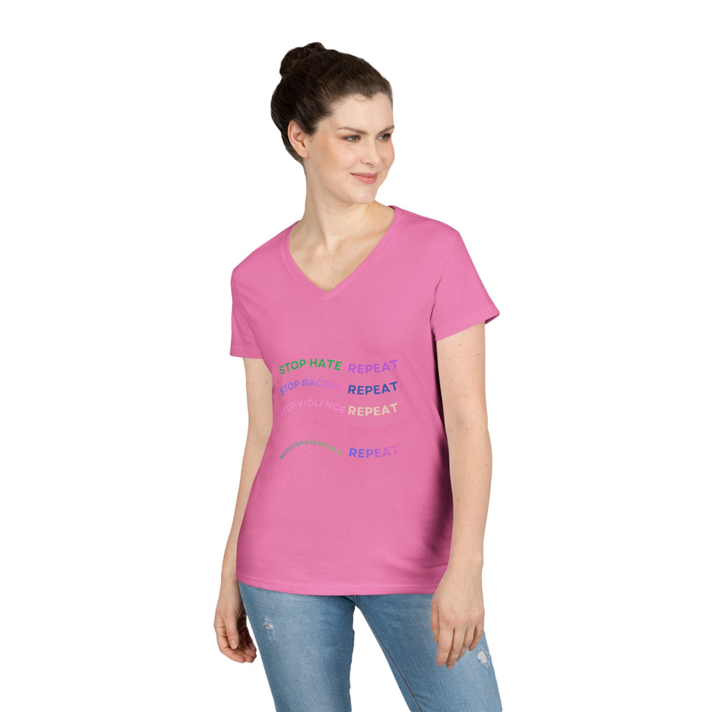Ladies' V-Neck T-Shirt — "Stop Hate Repeat" Anti-Racism Message Tee