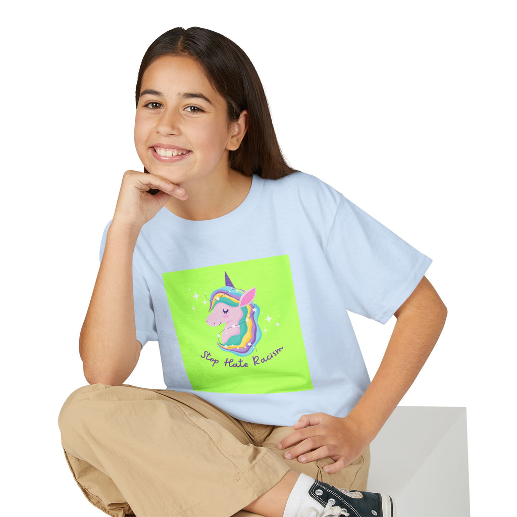 Youth T-Shirt — Rainbow Unicorn “Stop Hate Racism” Graphic