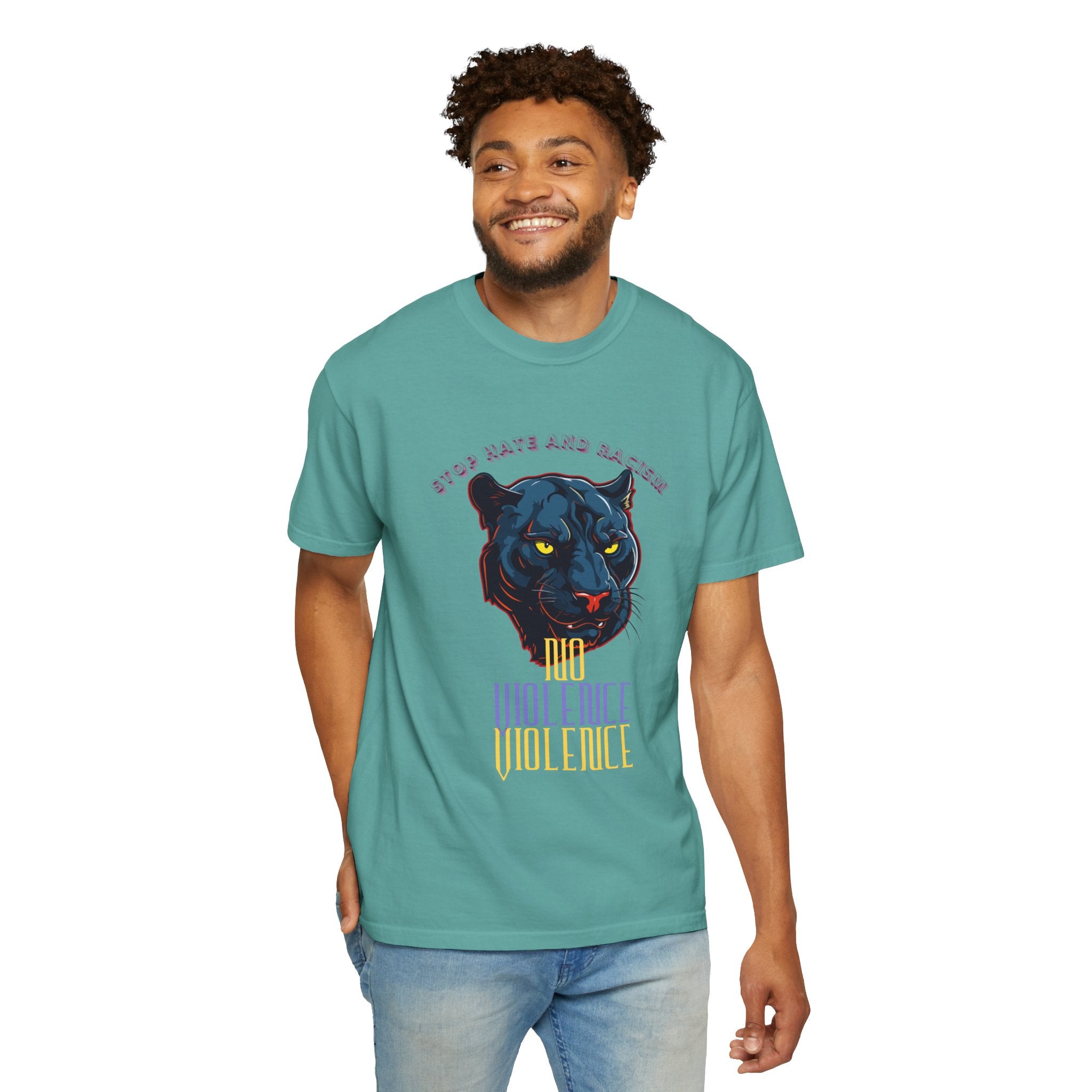 No Violence Panther T-Shirt — Graphic Animal Tee with 'No Violence' Text