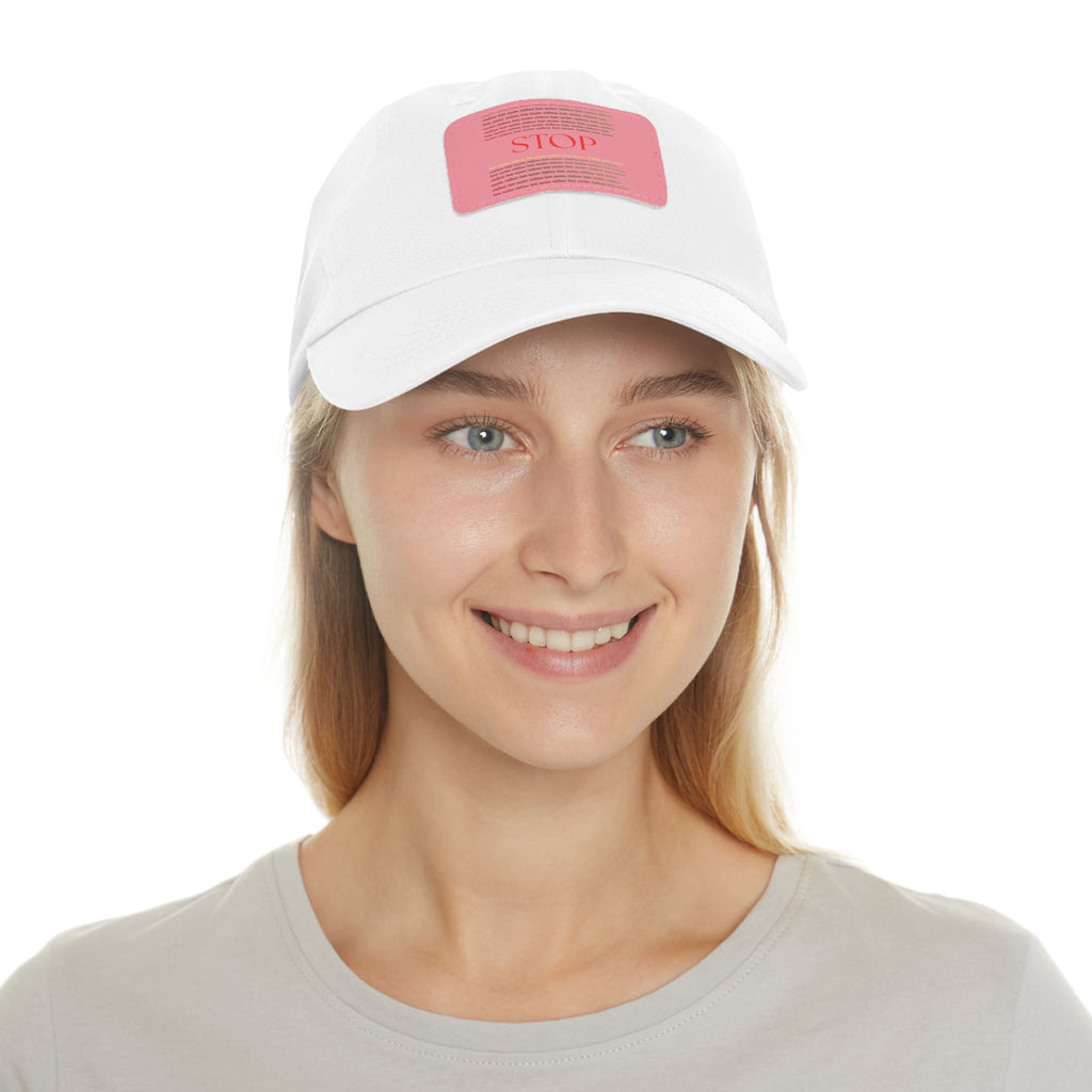 Leather Patch Dad Hat — 'STOP' Embossed Casual Baseball Cap