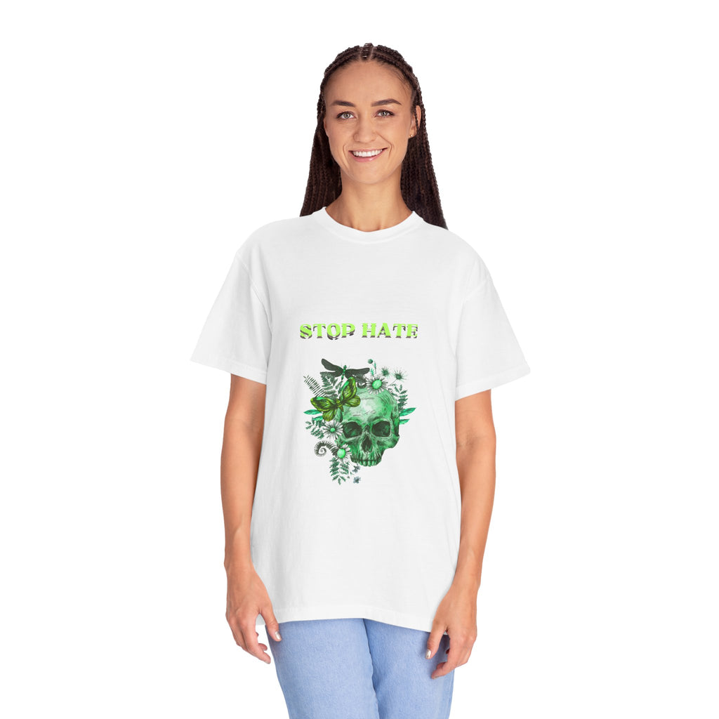 Stop Hate Skull T-Shirt — Green Floral Skull Graphic Tee