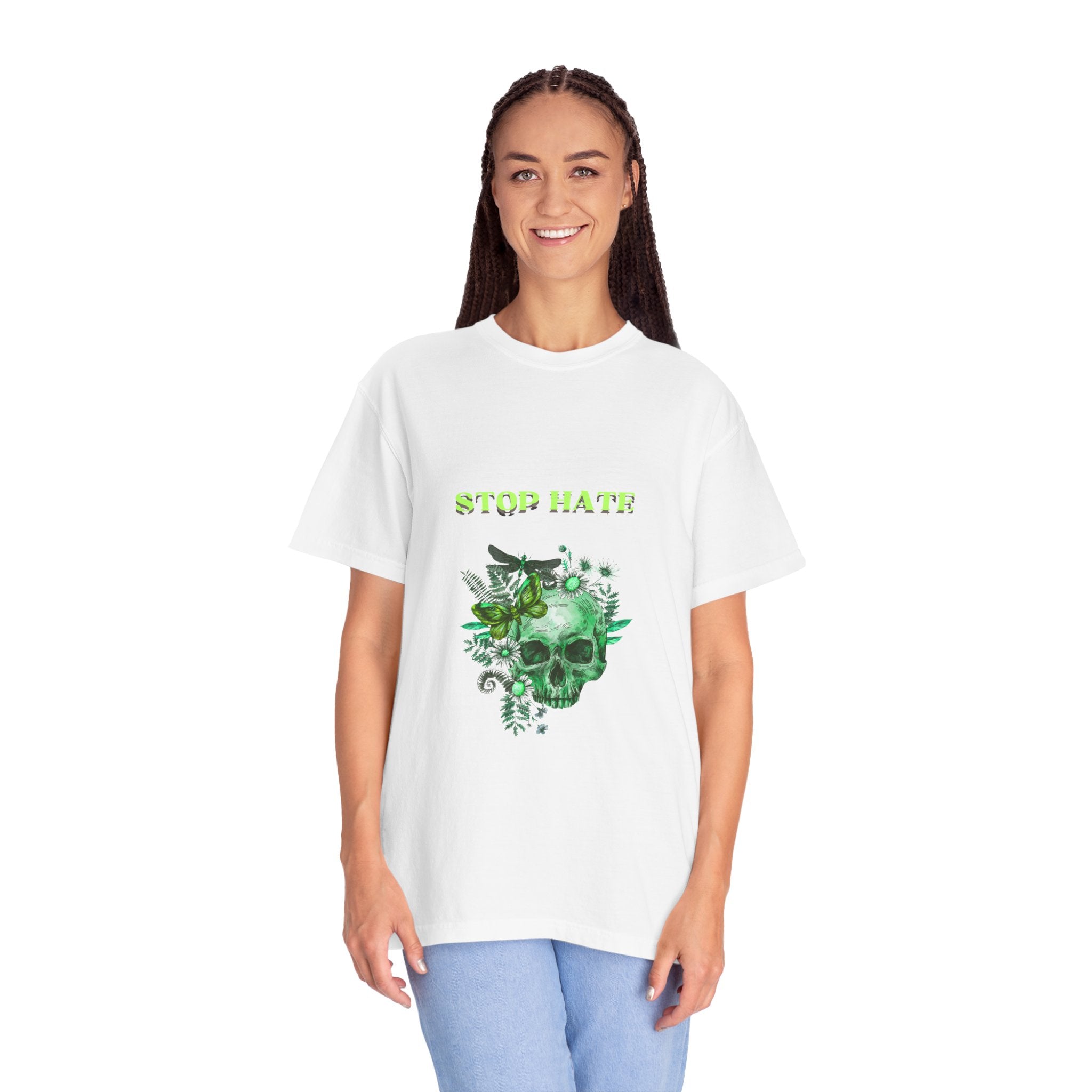 Stop Hate Skull T-Shirt — Green Floral Skull Graphic Tee