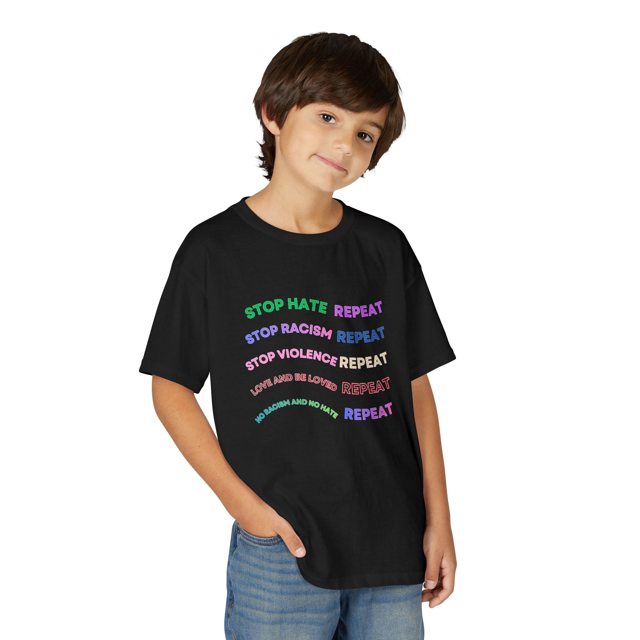 Youth T‑Shirt — "Stop Hate Repeat" Rainbow Anti-Bullying Tee