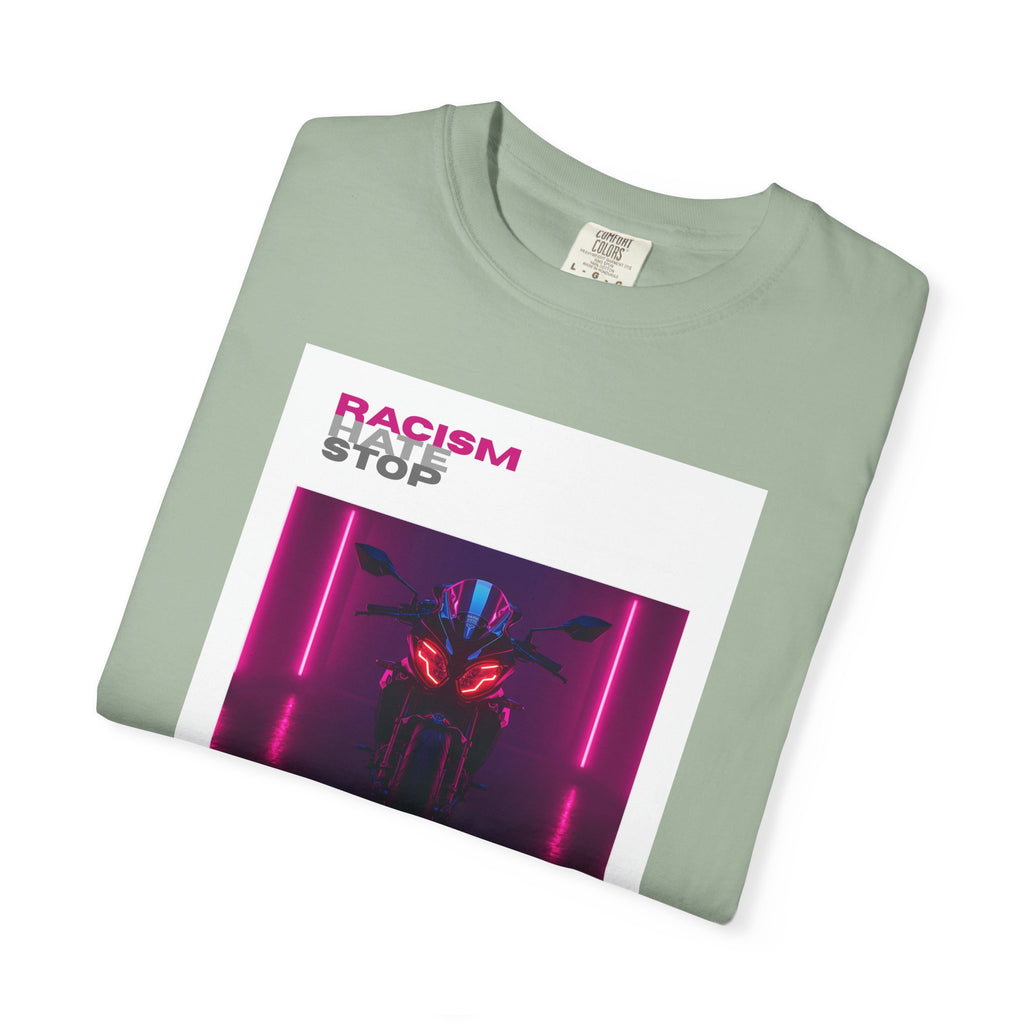 Anti-Racism Graphic T-Shirt — “Racism Stop” Neon Robot Design