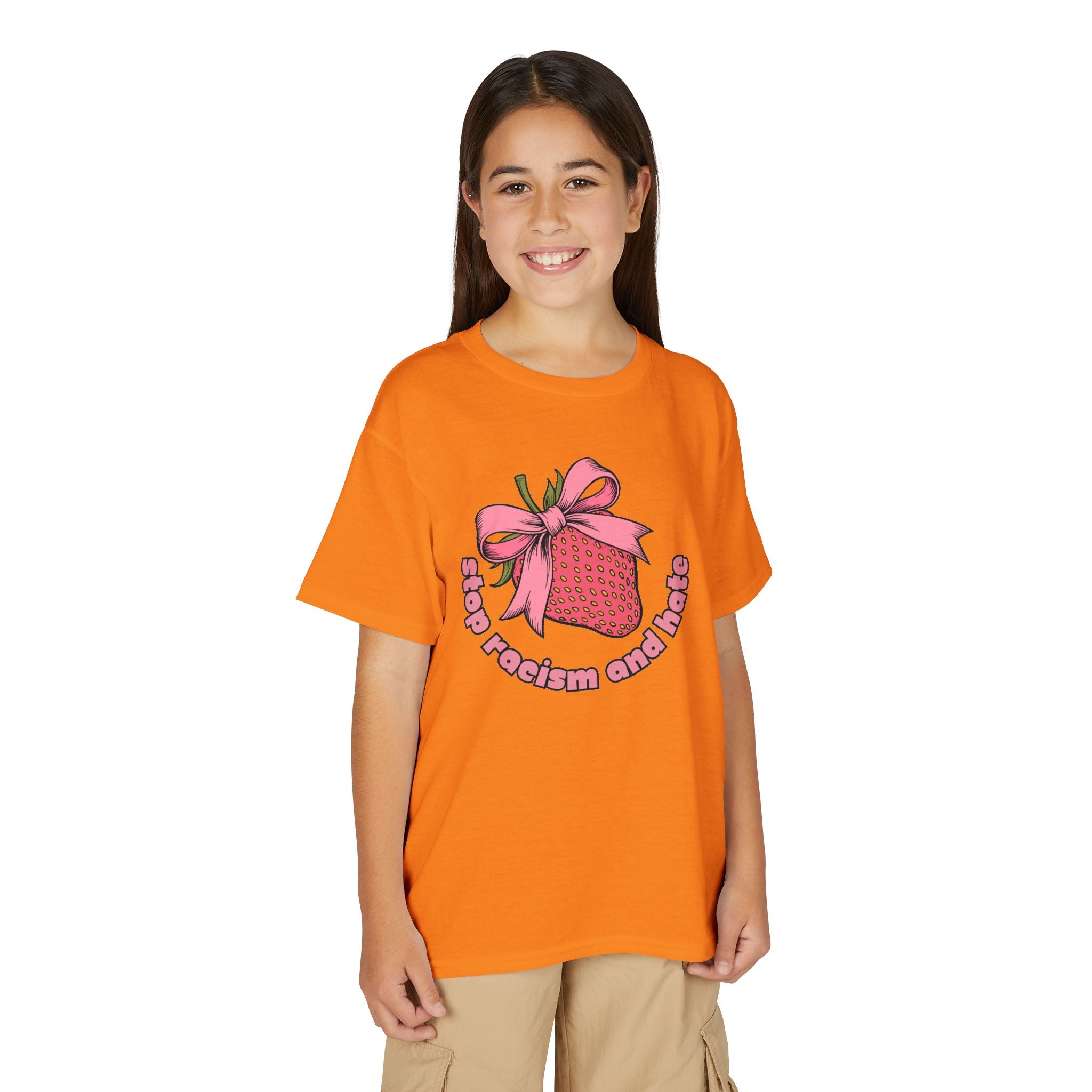 Youth T-Shirt — Cute Pink Gift Box Graphic with "Stop, Realism and Races" Slogan