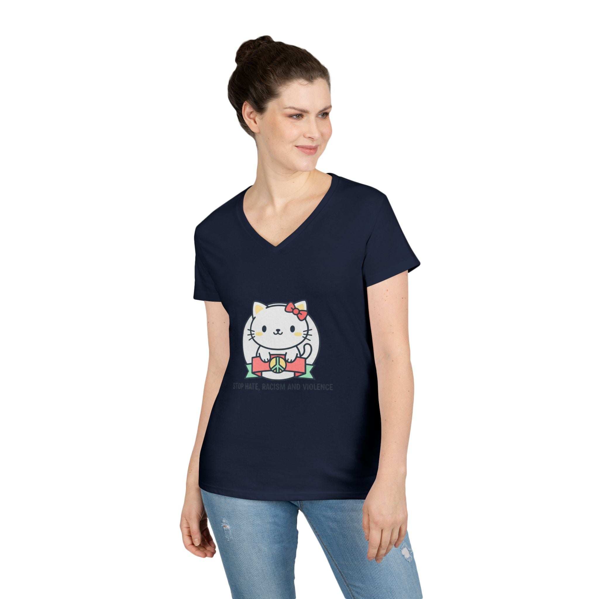 Stop Hate Kitty V-Neck Tee — Cute Anti-Racism Message Shirt