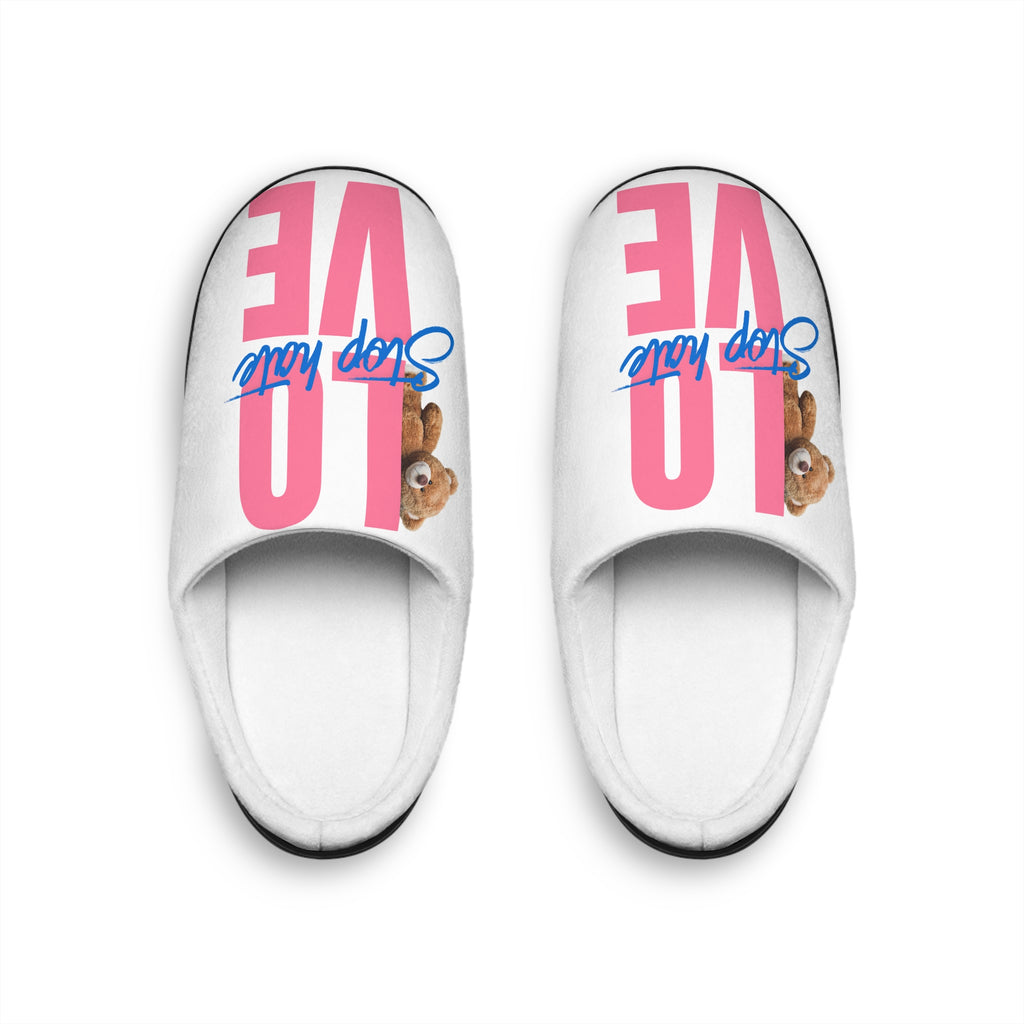 Stop Hating Love Women's Indoor Slippers — Cute Teddy Graphic