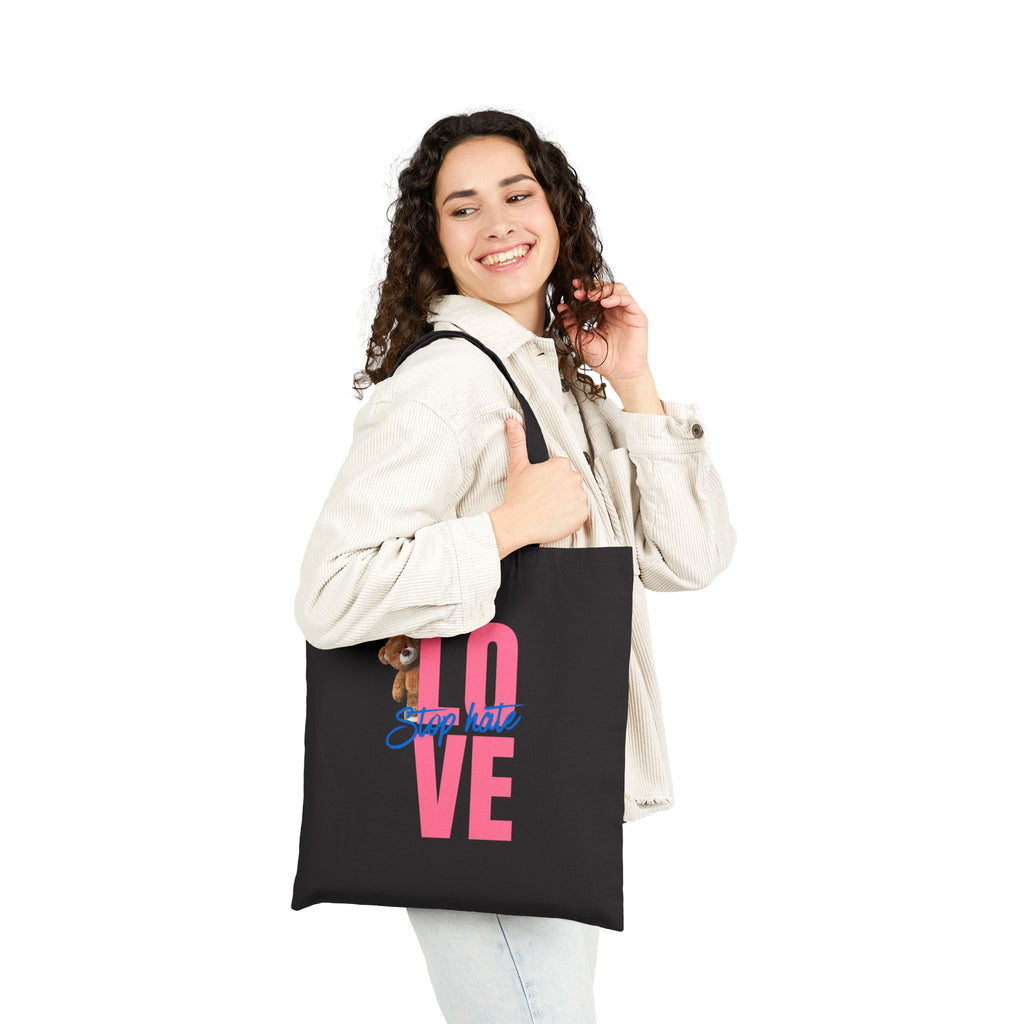 Love Tote Bag — Pink "LOVE" Design with Teddy & "Stop Hatin'" Script