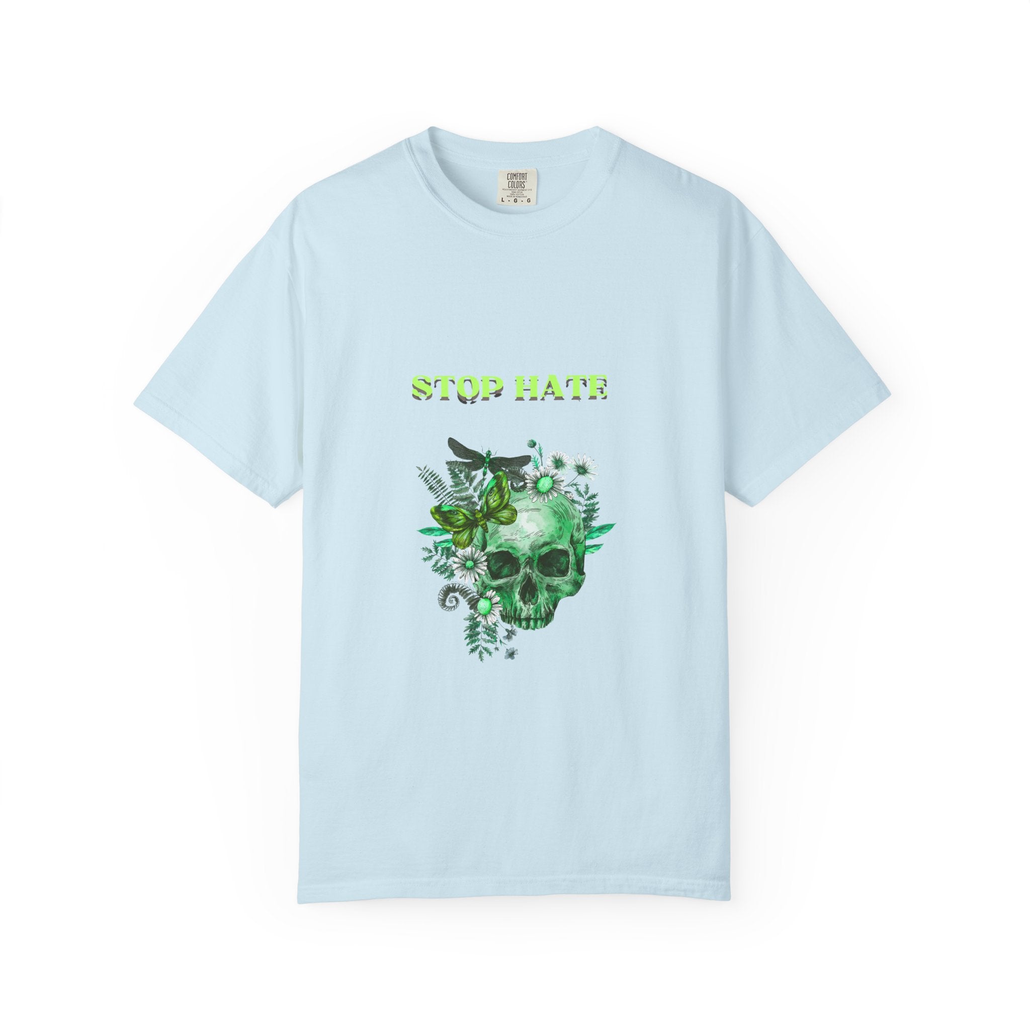 Stop Hate Skull T-Shirt — Green Floral Skull Graphic Tee