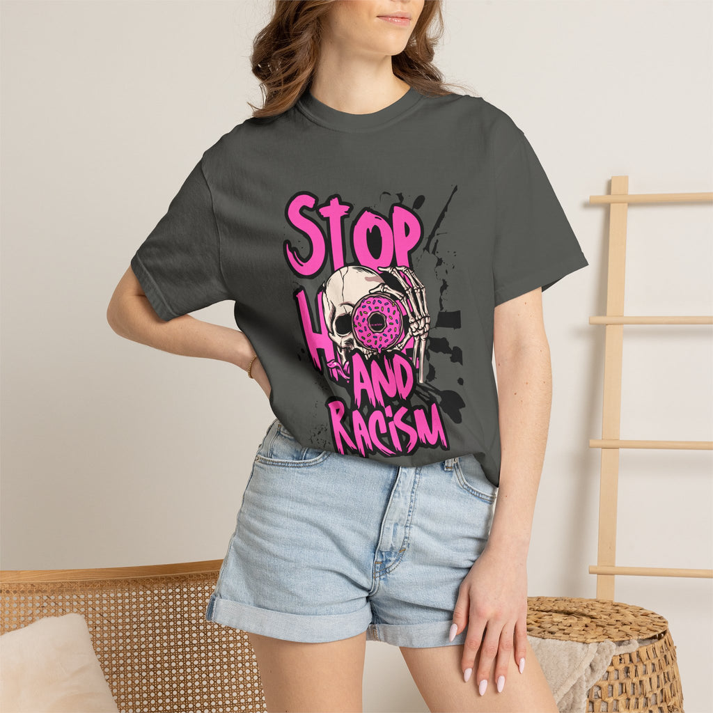 Stop H8 and Racism Graphic Tee — Anti-Racism Skull Donut Protest T-Shirt