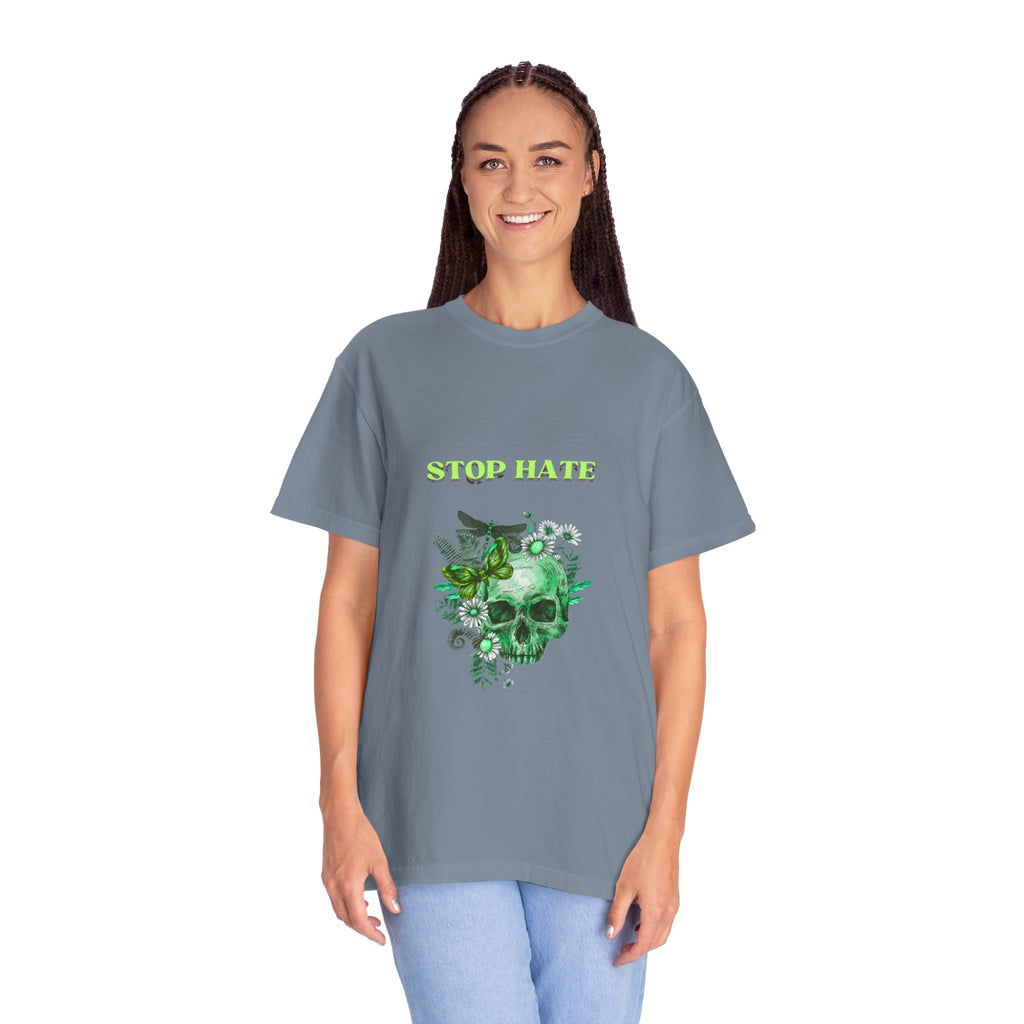 Stop Hate Skull T-Shirt — Green Floral Skull Graphic Tee