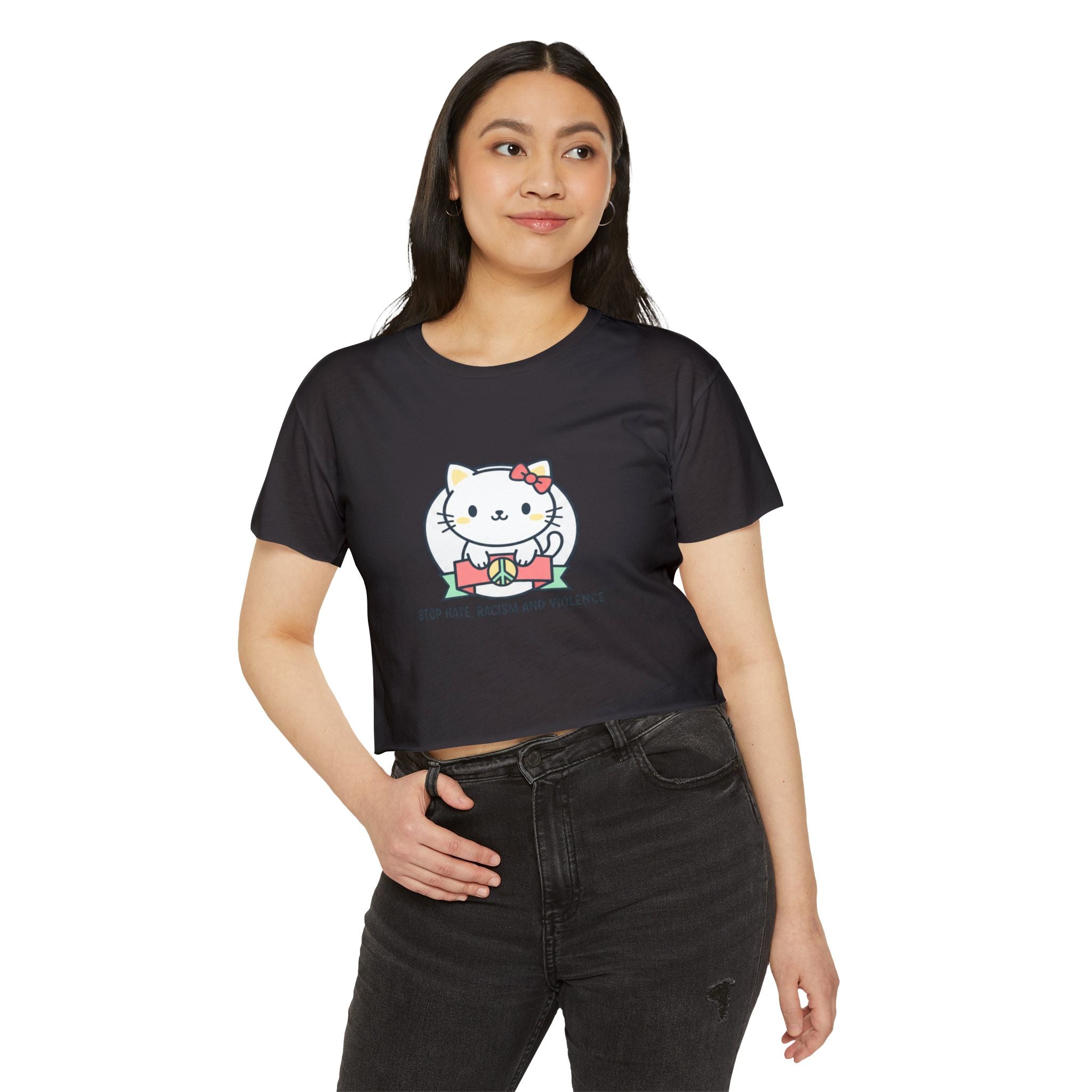 Cute Cat Crop Top — "Stop Hate, Racism and Violence" Festival Tee