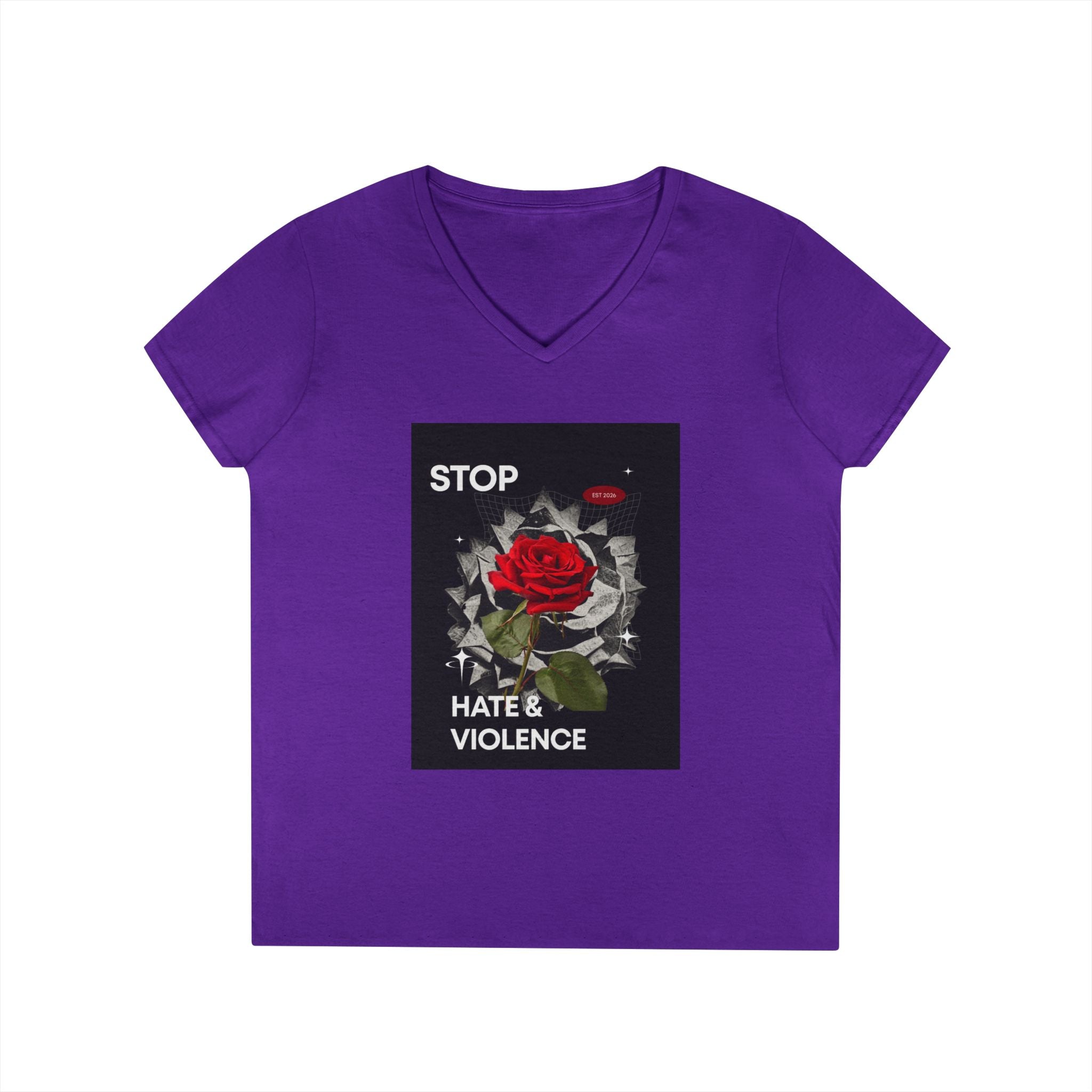 Stop Hate & Violence Women's V-Neck T-Shirt — Red Rose Peace Graphic Tee