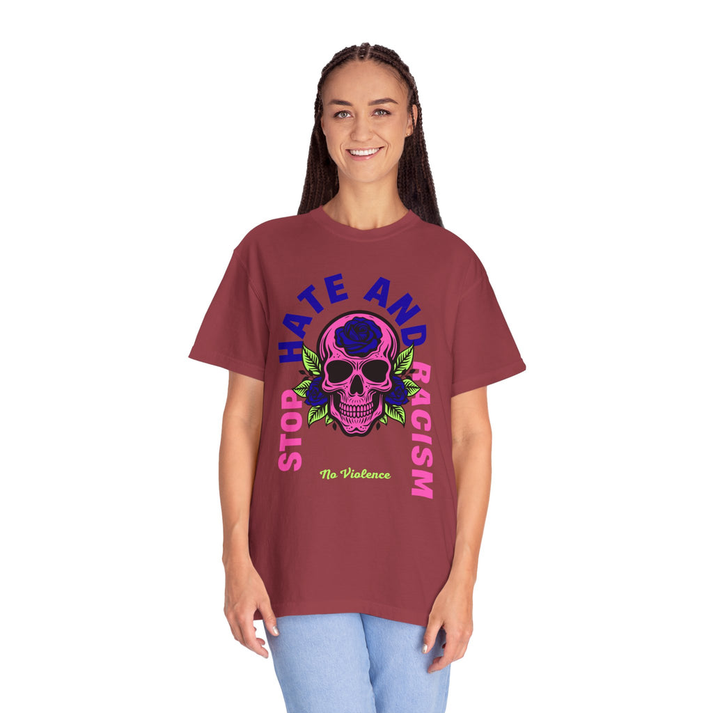 Stop Hate and Racism Skull T-Shirt — Anti-Racism Statement Tee