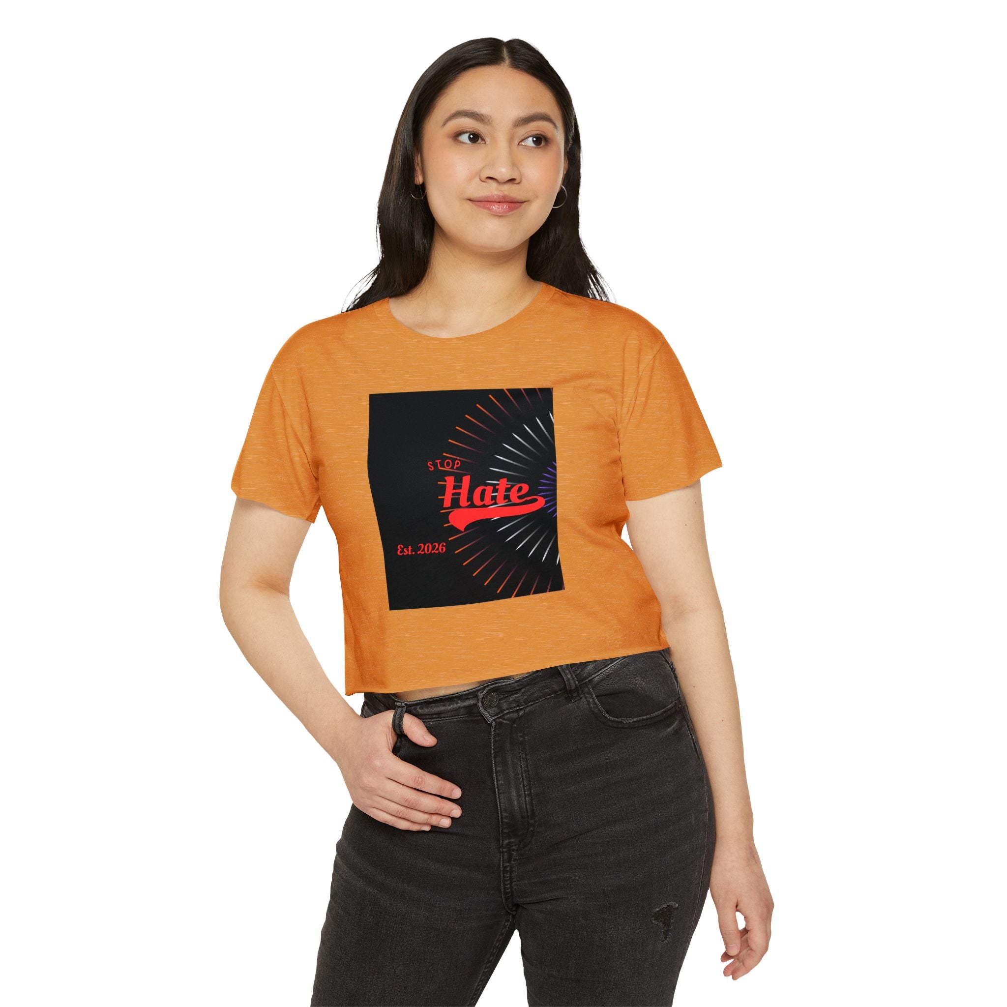Crop Top — 'Stop Hate' Festival Crop Top, Retro Red Script Graphic